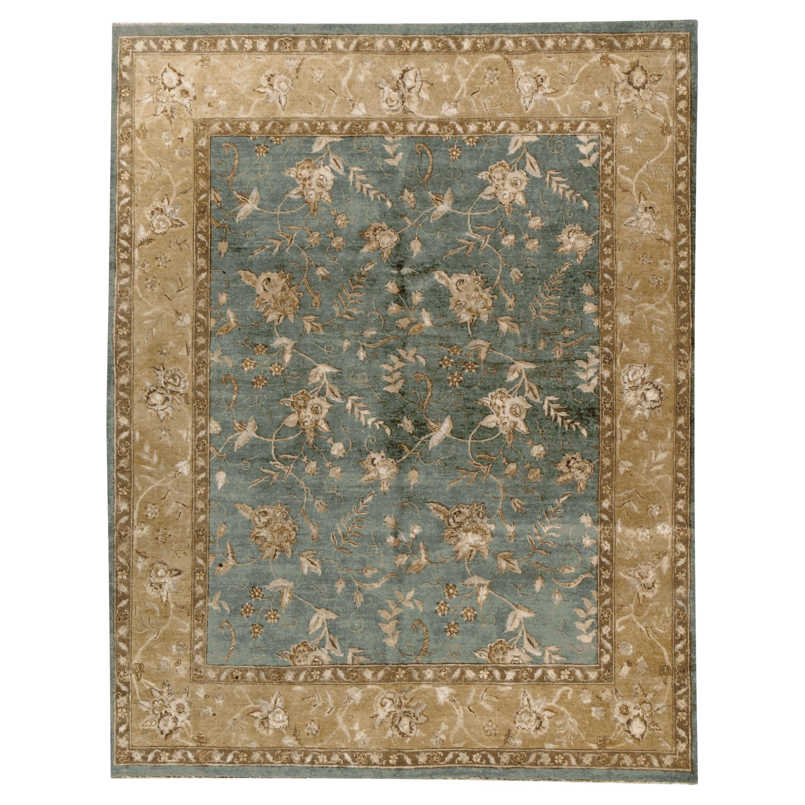 Tapis de luxe traditionnel noué à la main Devon bleu et beige 12X18 en vente