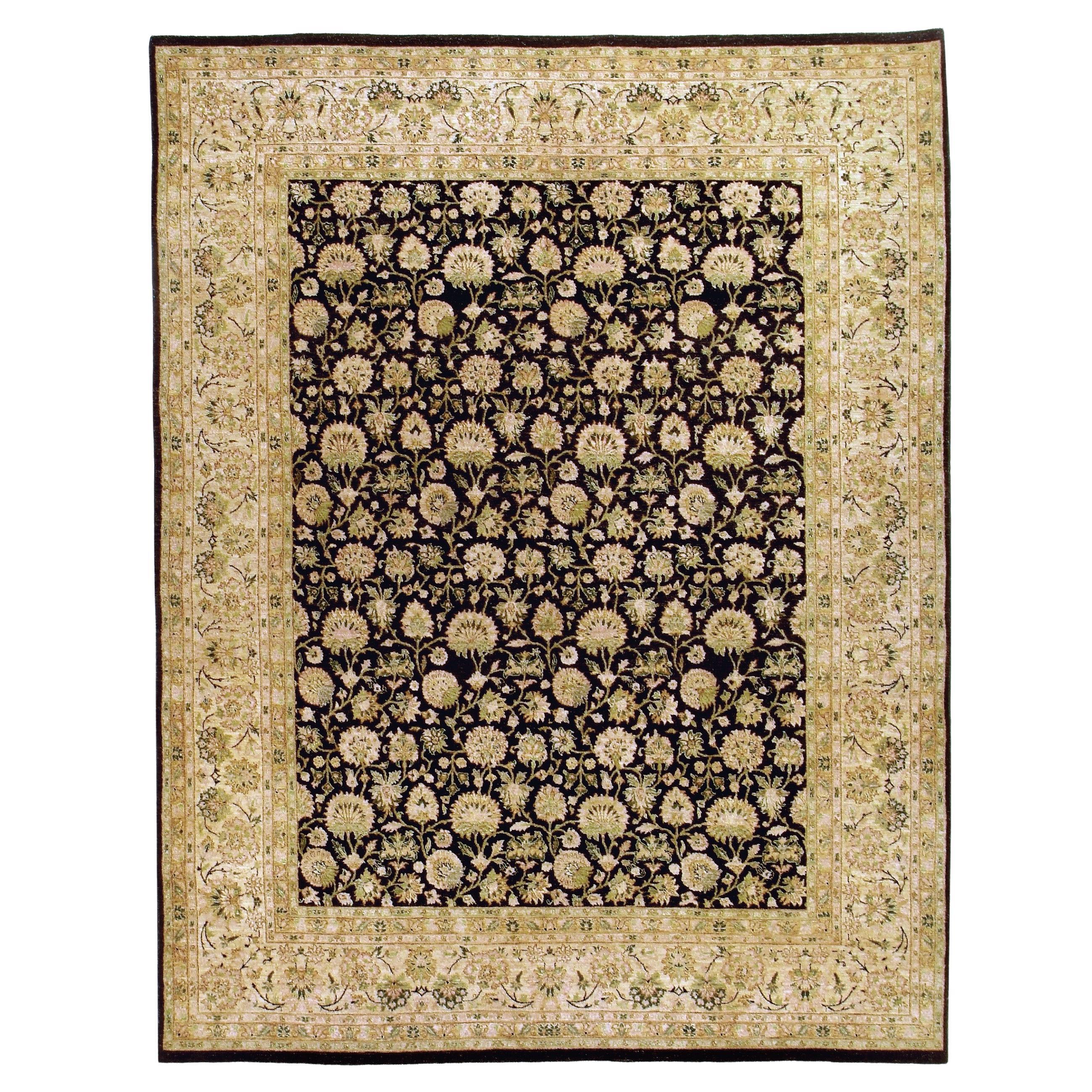 Luxury Traditional Hand-Knotted Emogli Black and Cream 10X14 Rug For Sale