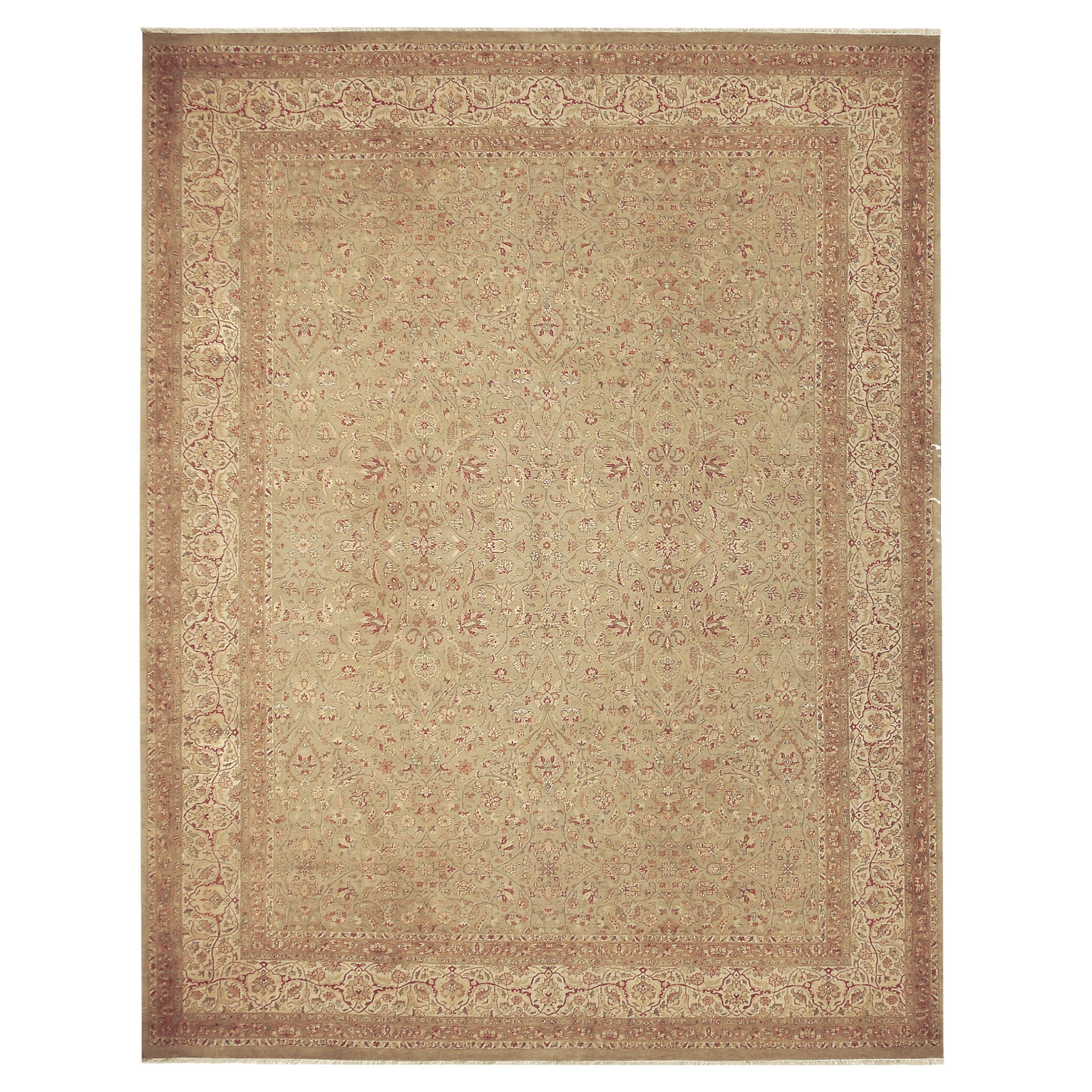Luxury Traditional Hand-Knotted Emogli Khaki and Cream 10x14 Rug For Sale