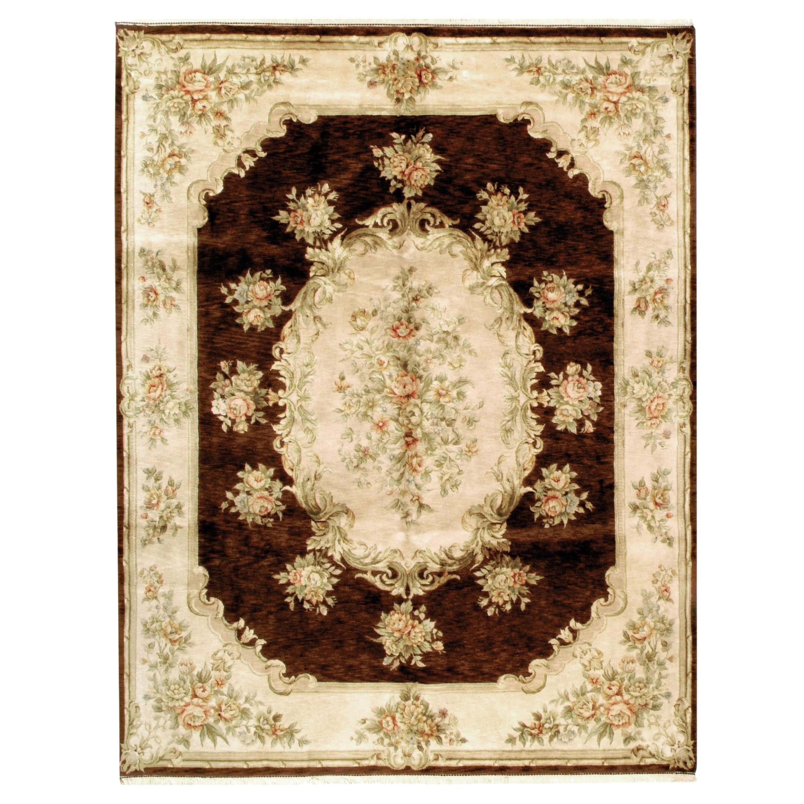 Luxury Traditional Hand-Knotted European Belvoir Brown/Cream 10x14 Rug For Sale
