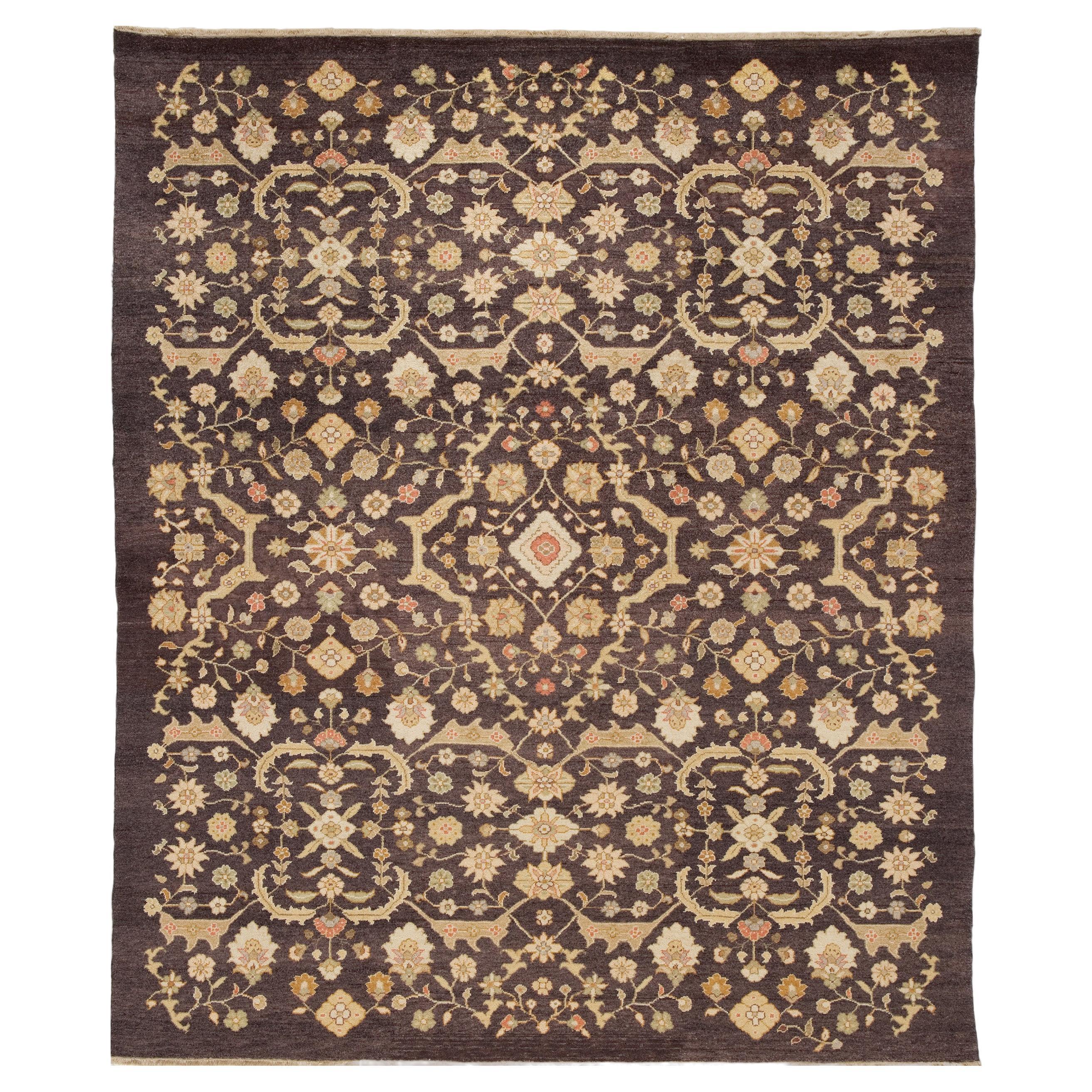 Luxury Traditional Hand-Knotted Ferrahan Brown 11x18 Area Rug For Sale