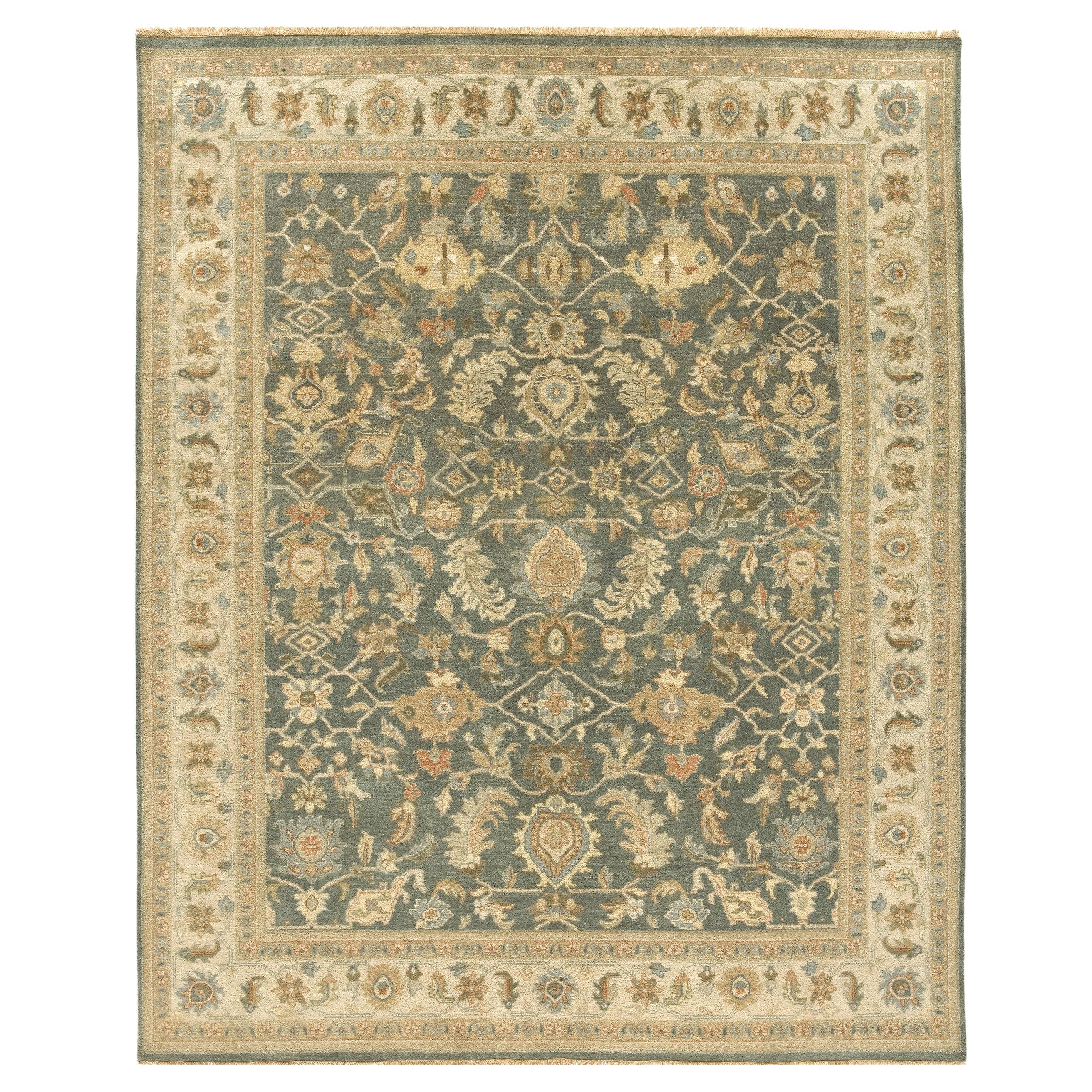 Luxury Traditional Hand-Knotted Ferrahan Teal & Beige 11x19 Rug For Sale
