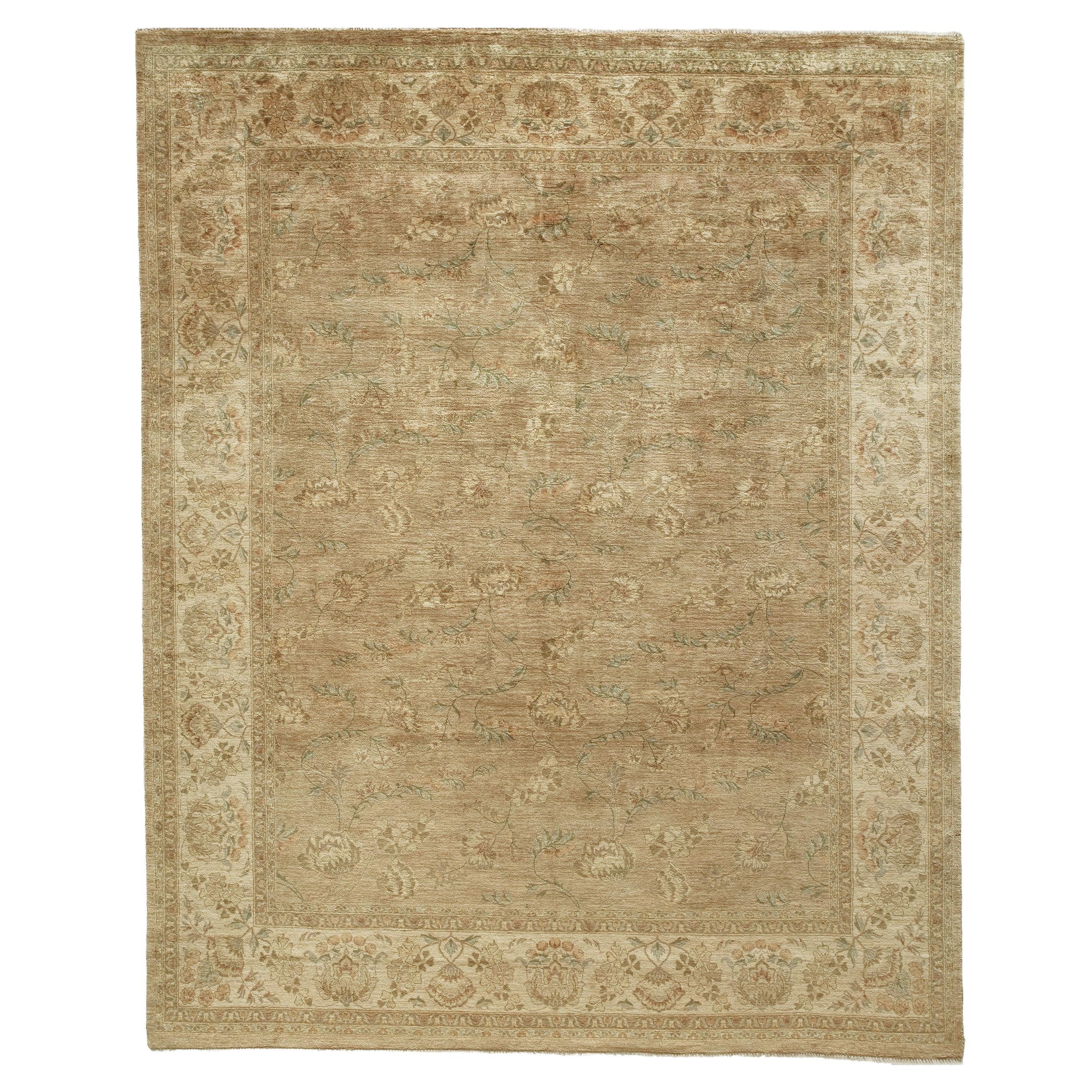 Luxury Traditional Hand-Knotted Flora Beige/Cream 12x18 Rug For Sale