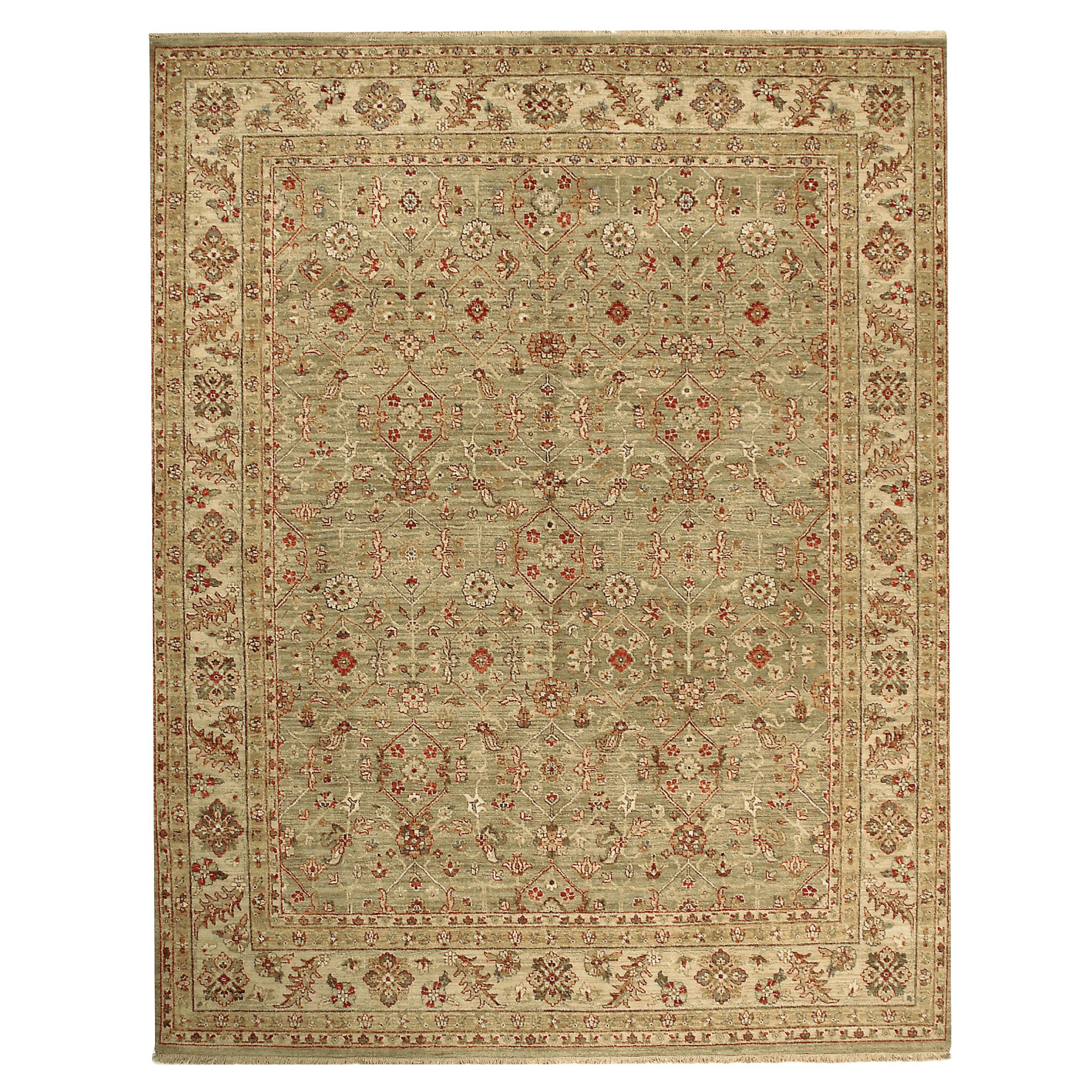 Luxury Traditional Hand-Knotted Green/Cream 12X18 Rug For Sale