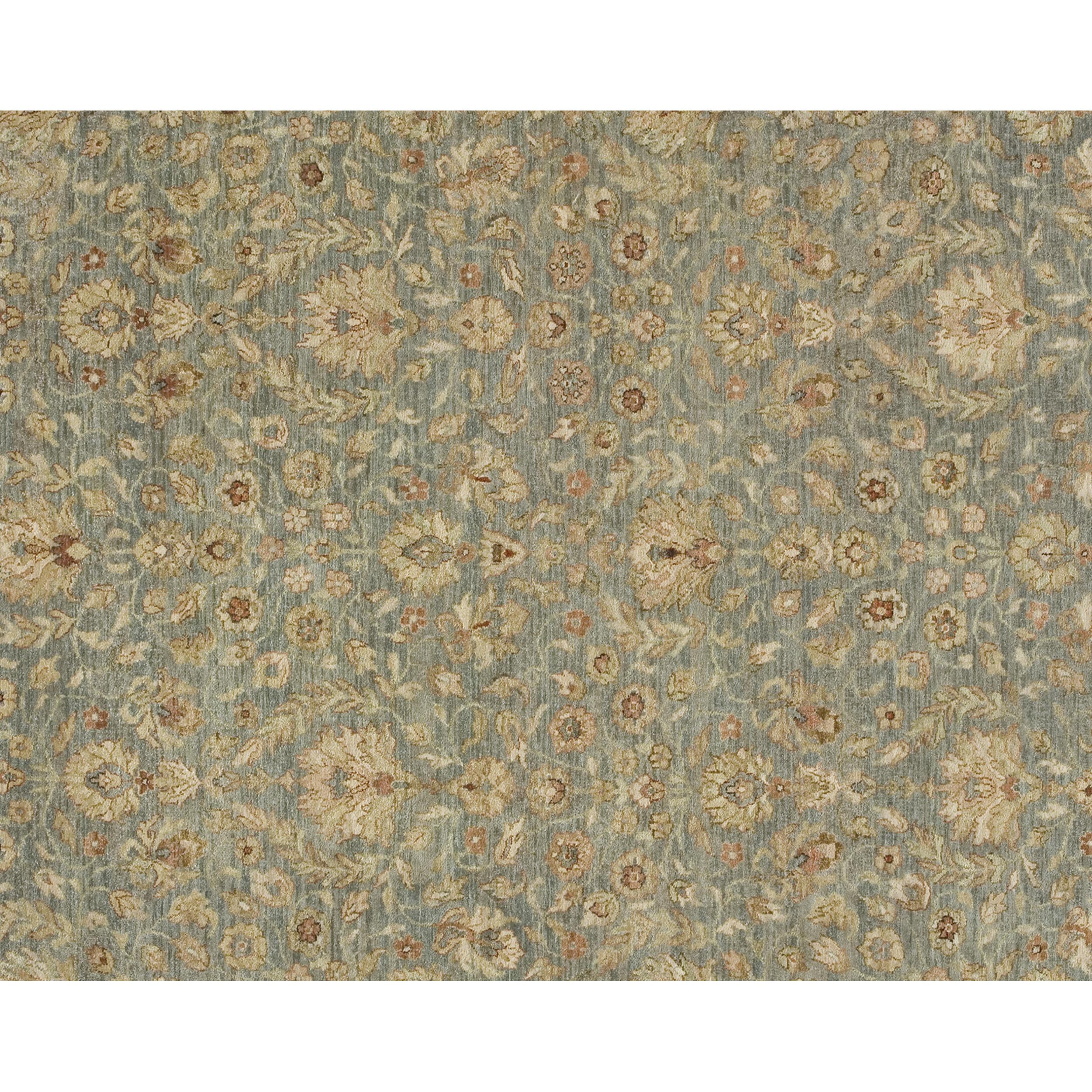 Agra Luxury Traditional Hand-Knotted Ivory/Lt. Green 14X28 Rug For Sale