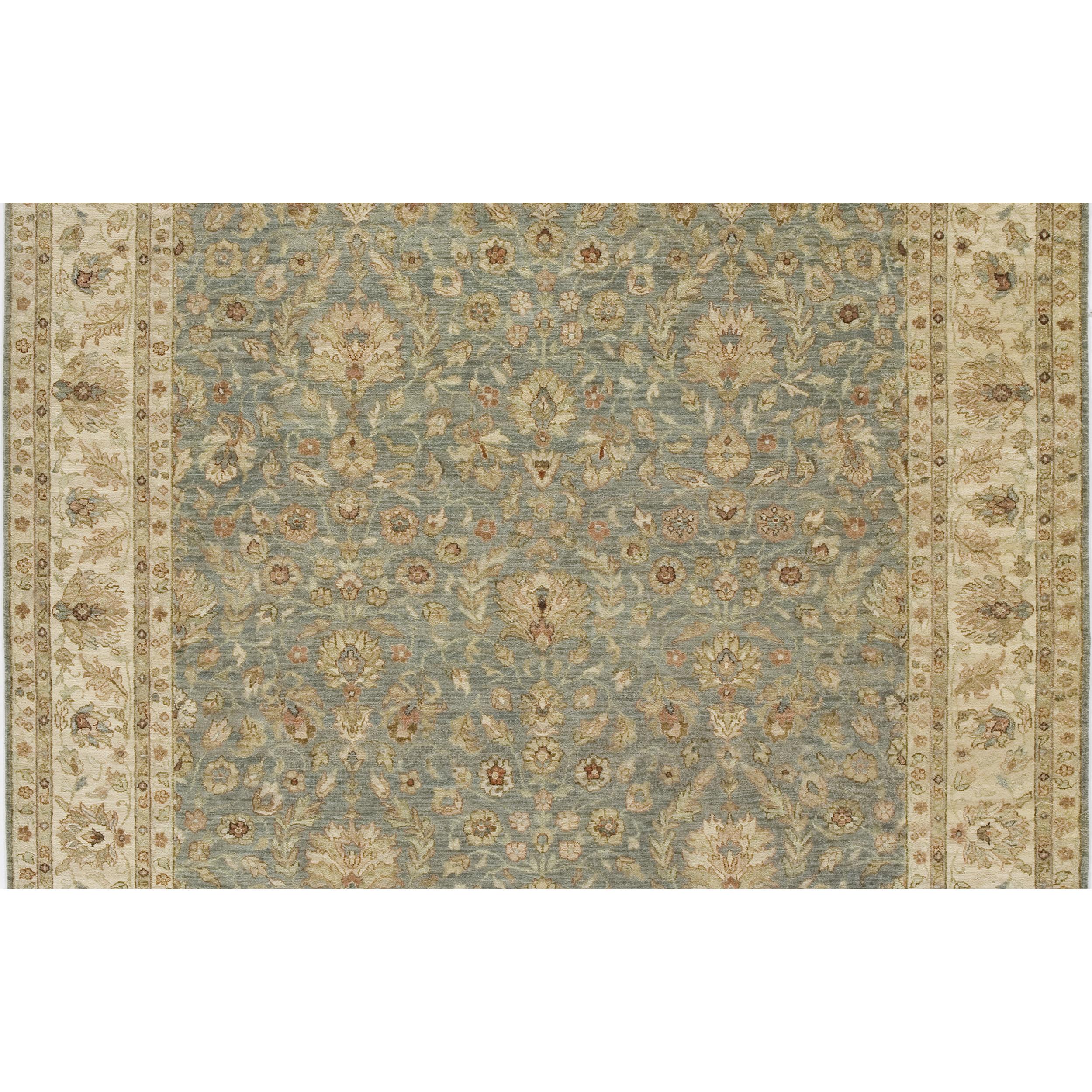 Indian Luxury Traditional Hand-Knotted Ivory/Lt. Green 14X28 Rug For Sale