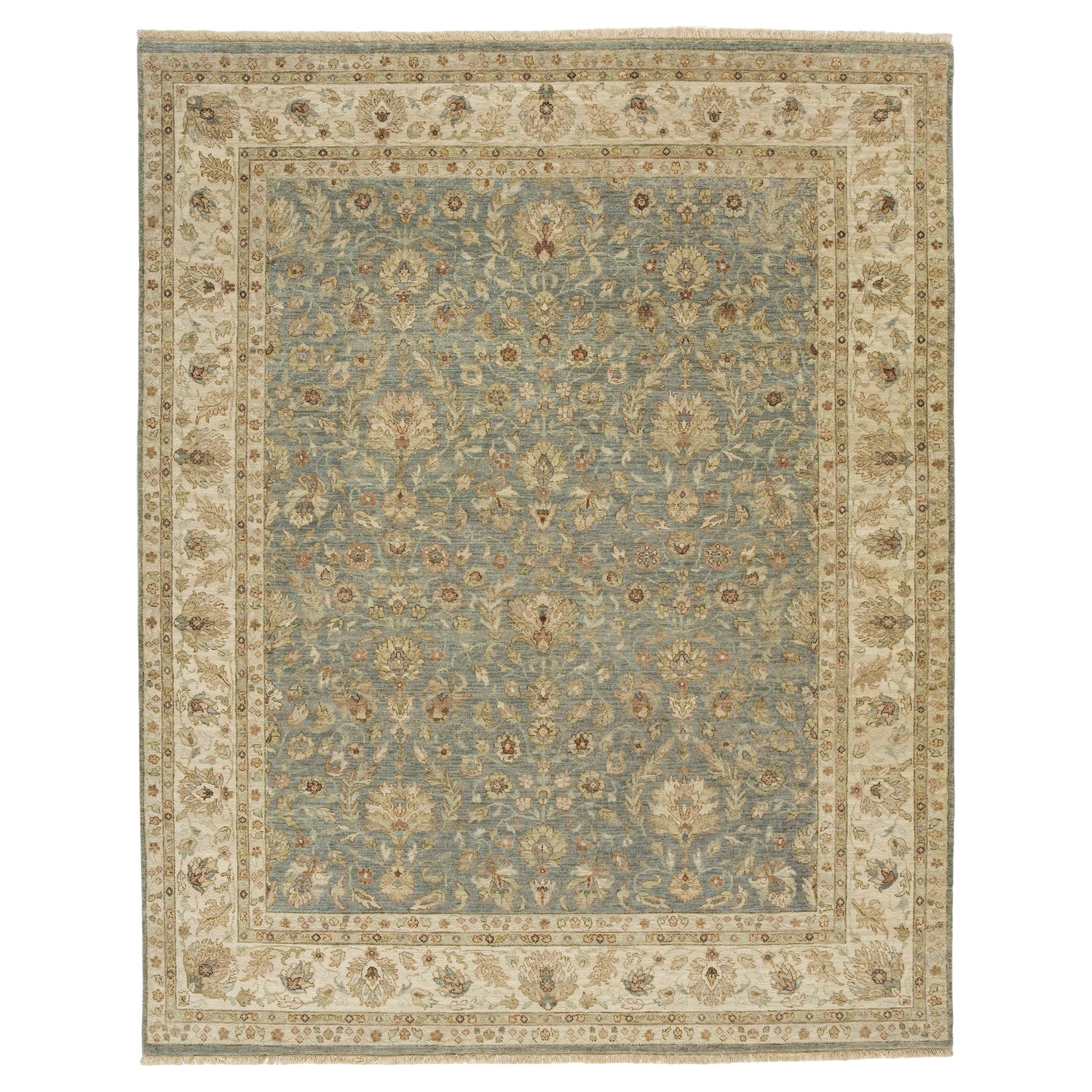 Luxury Traditional Hand-Knotted Ivory/Lt. Green 14X28 Rug For Sale