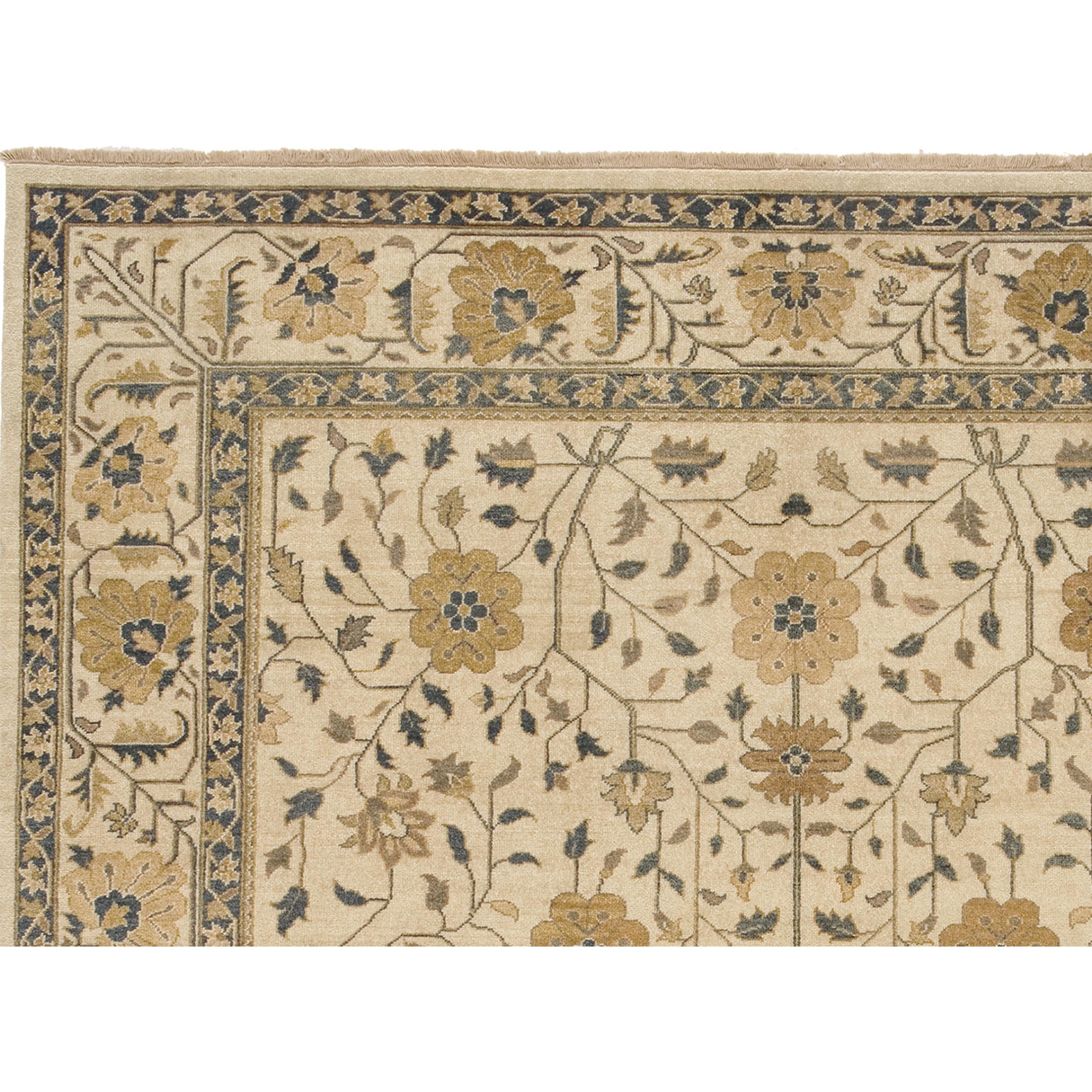 A luxurious traditional hand-knotted rug, which has been meticulously crafted, is made from the finest wool. This rug transcends its utilitarian purpose, becoming a work of art that delights the senses and harmonizes perfectly with a variety of home