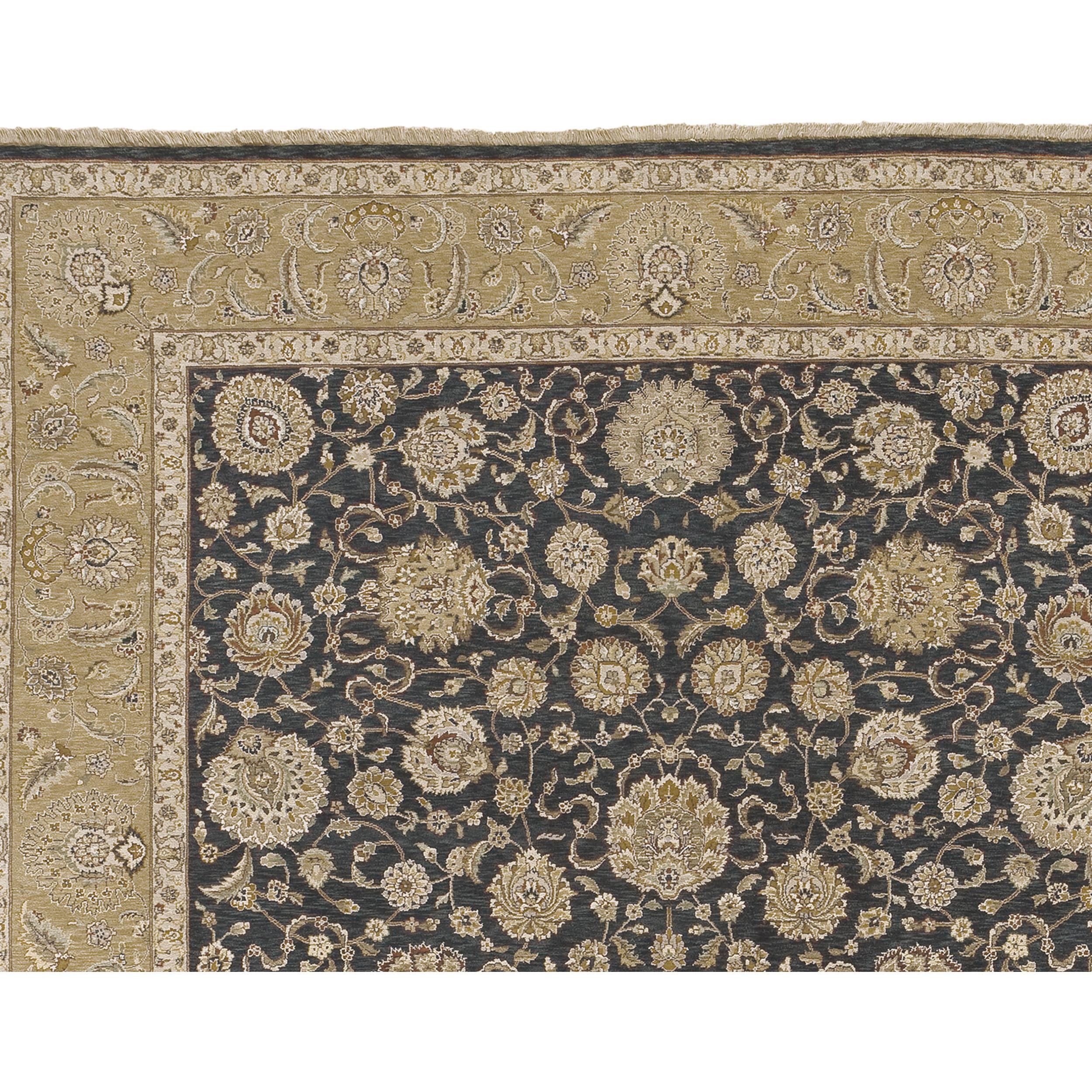 This rug deisgn is based on antique Persian rug designs, but using a contemporary color palette. The main characteristic of this rug is the noticeable abrash (color change), a new technique of weaving between two color hues, imparts an antique look.