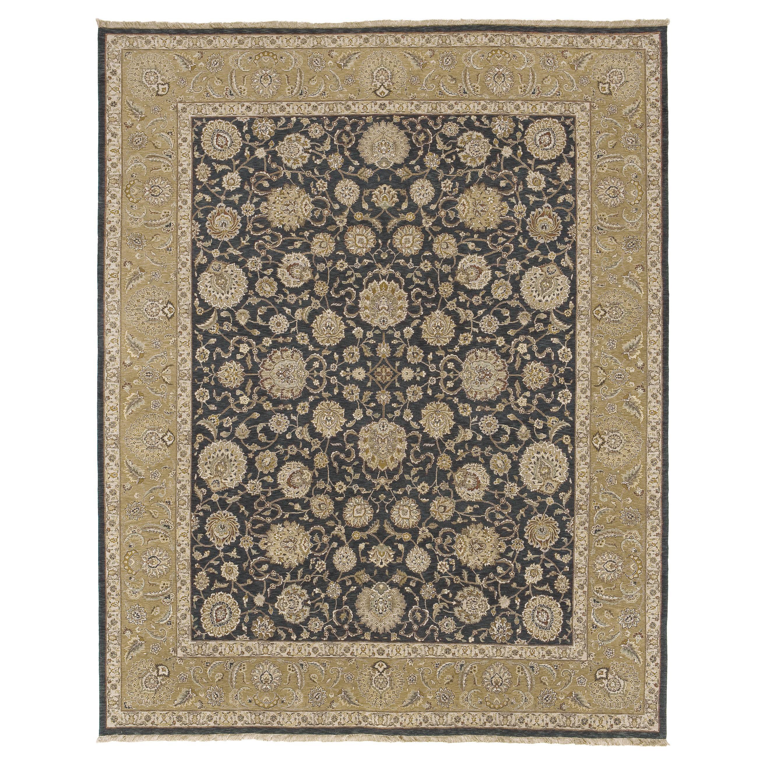 Tapis traditionnel de luxe noué à la main Kashan noir et or 12x15