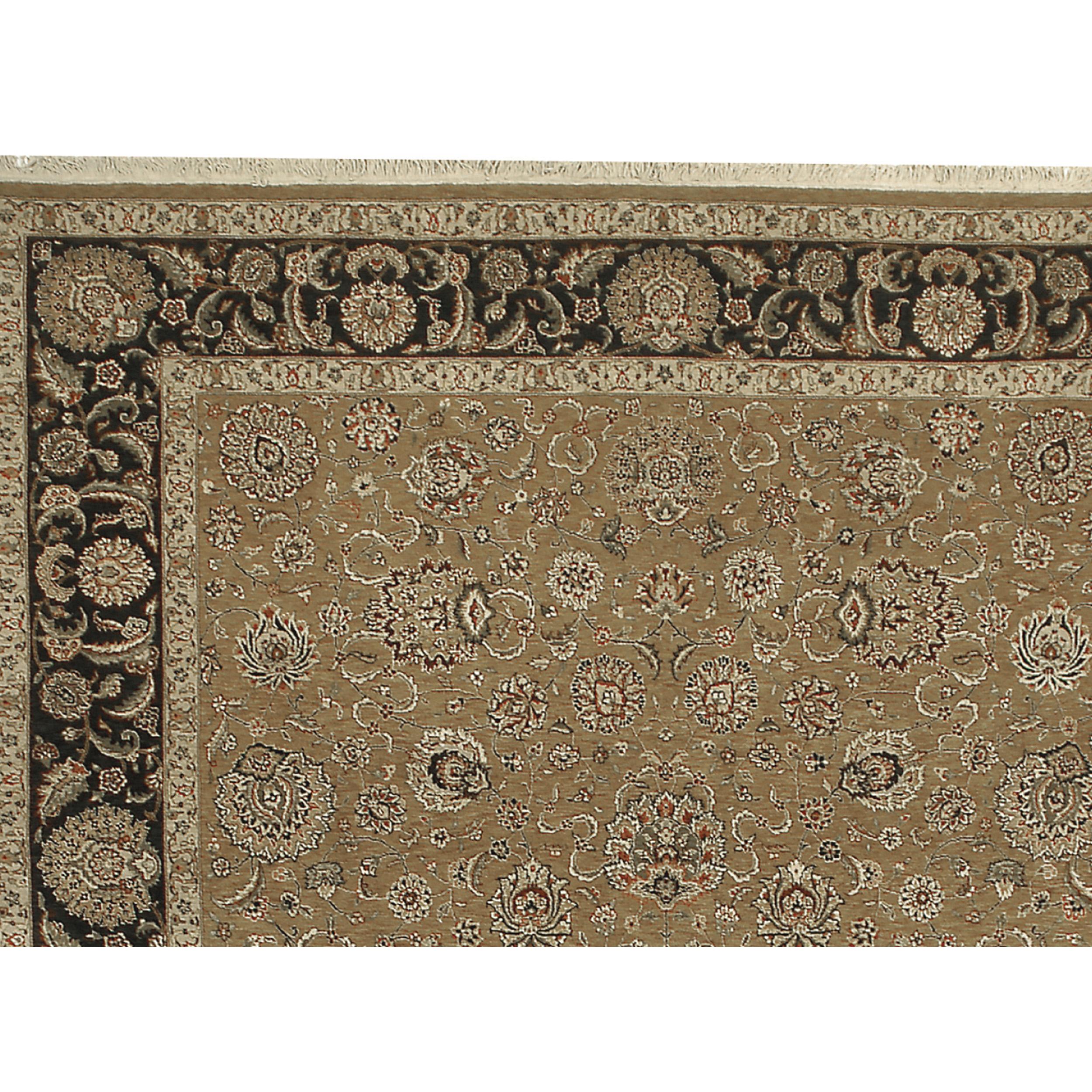 This rug deisgn is based on antique Persian rug designs, but using a contemporary color palette. The main characteristic of this rug is the noticeable abrash (color change), a new technique of weaving between two color hues, imparts an antique look.