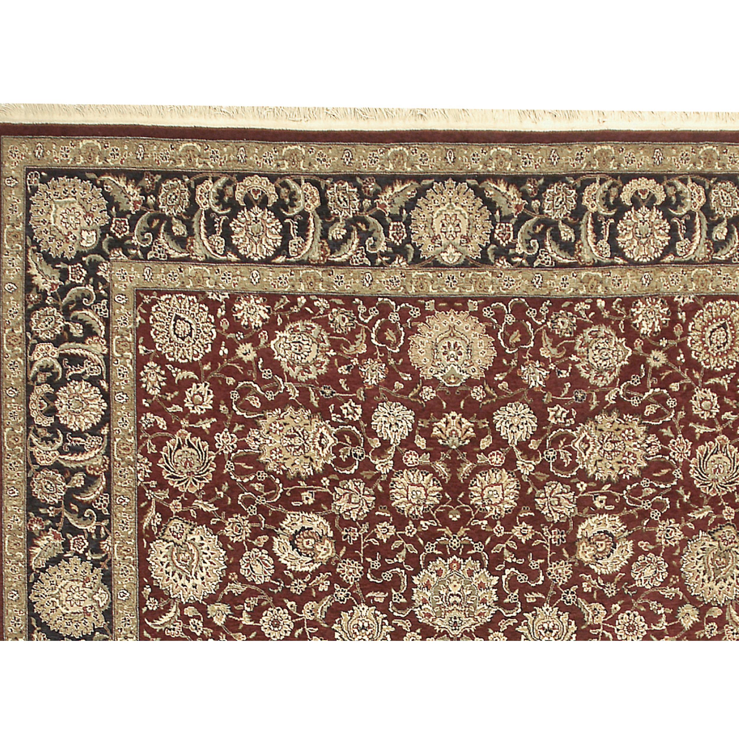 This rug deisgn is based on antique Persian rug designs, but using a contemporary color palette. The main characteristic of this rug is the noticeable abrash (color change), a new technique of weaving between two color hues, imparts an antique look.