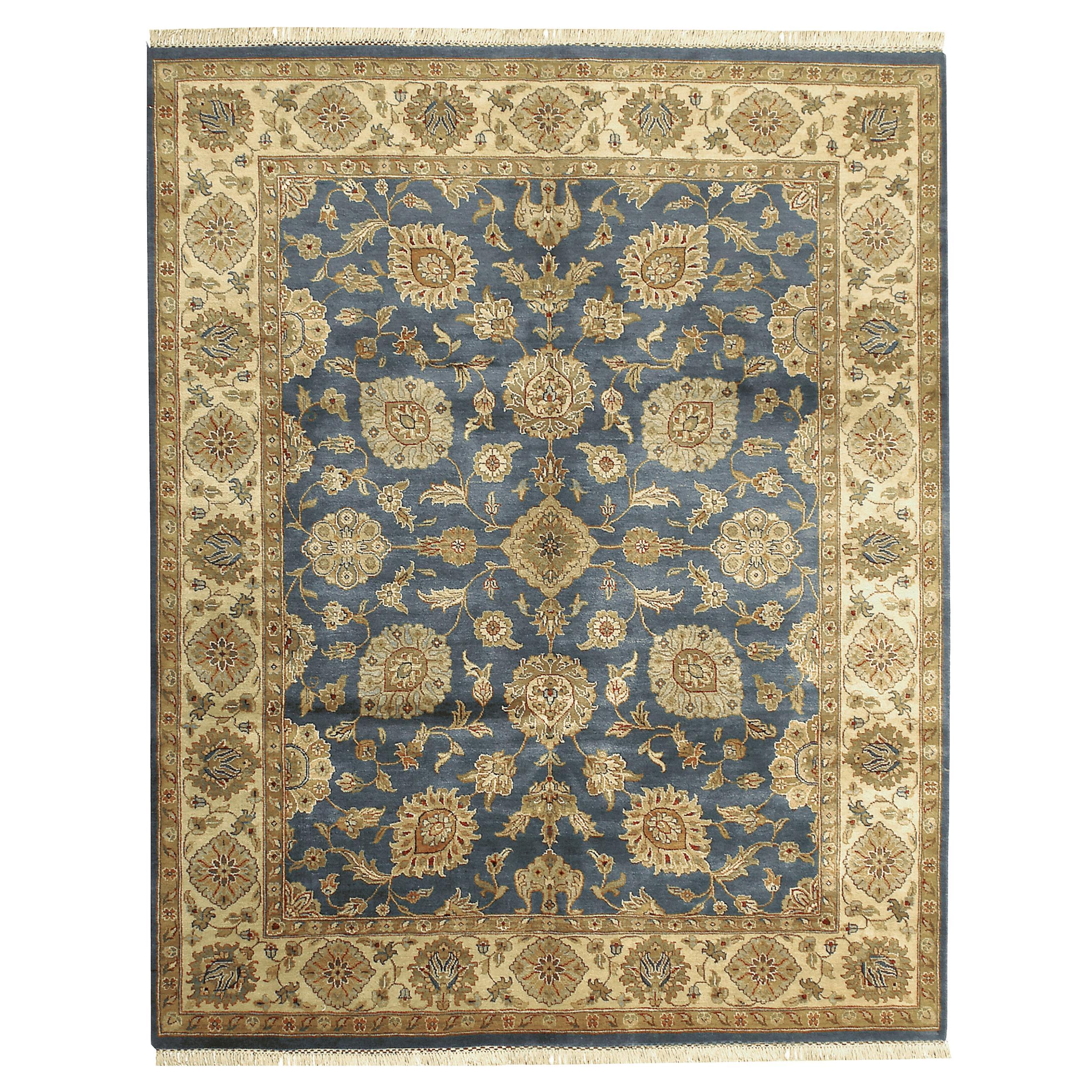 Luxury Traditional Hand-Knotted Kashan Teal and Cream 10X14 Rug