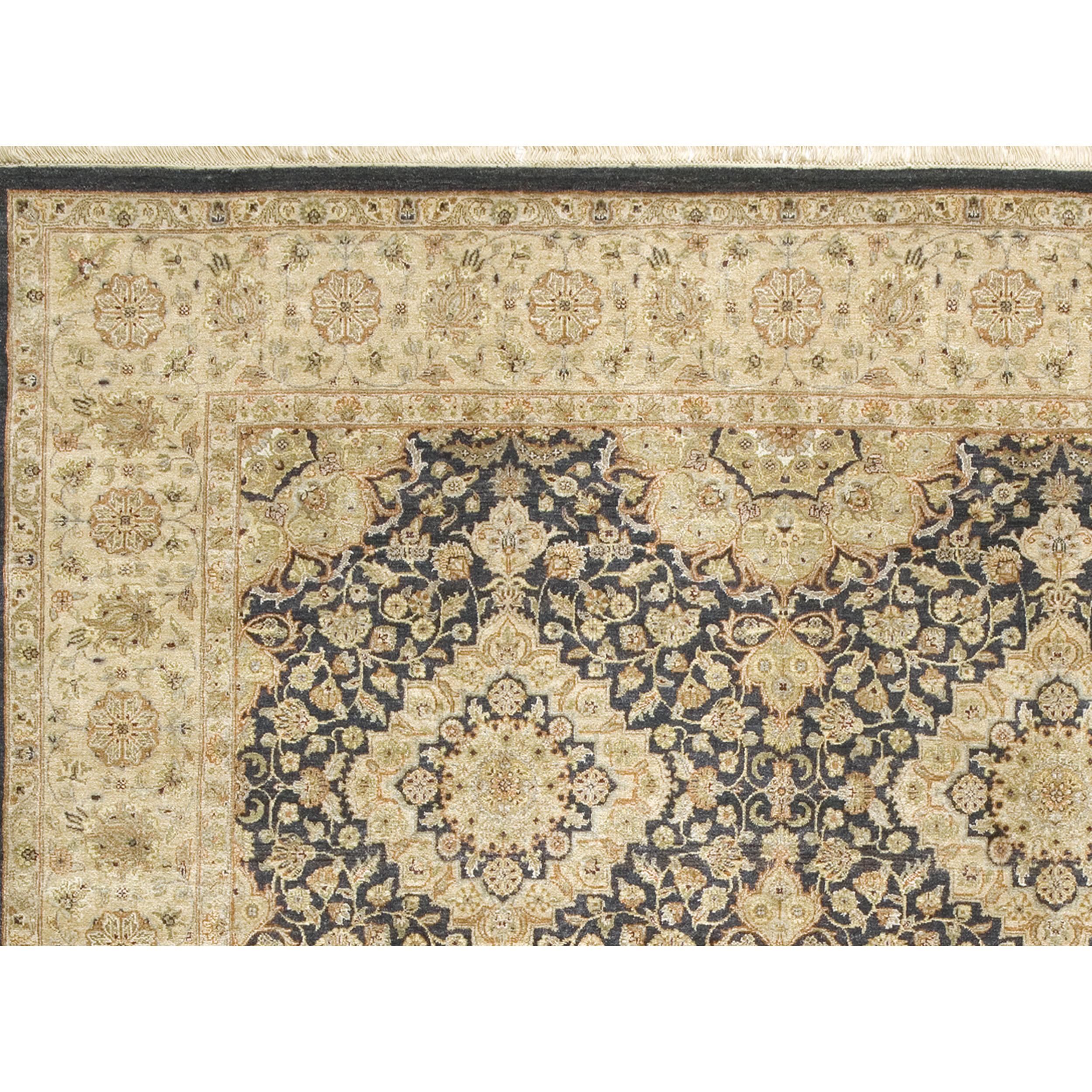This exquisitely handwoven rug hails from the artistic heritage of India, where skilled weavers have honed their craft to perfection. Meticulously crafted from the most luxurious silks, this rug is a result of unparalleled delicacy and refinement.