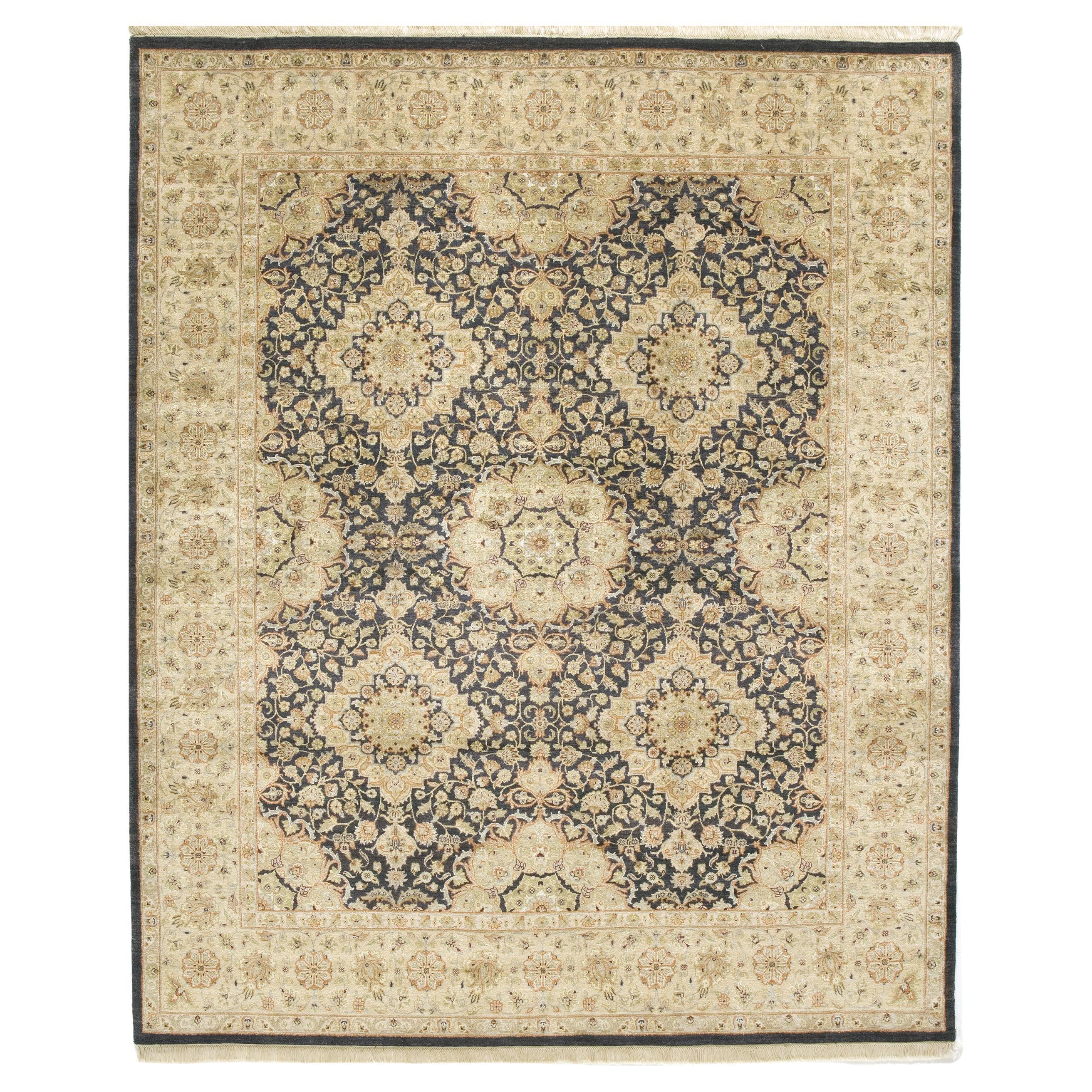 Luxury Traditional Hand-Knotted Kirman Black and Gold 12x15 Rug