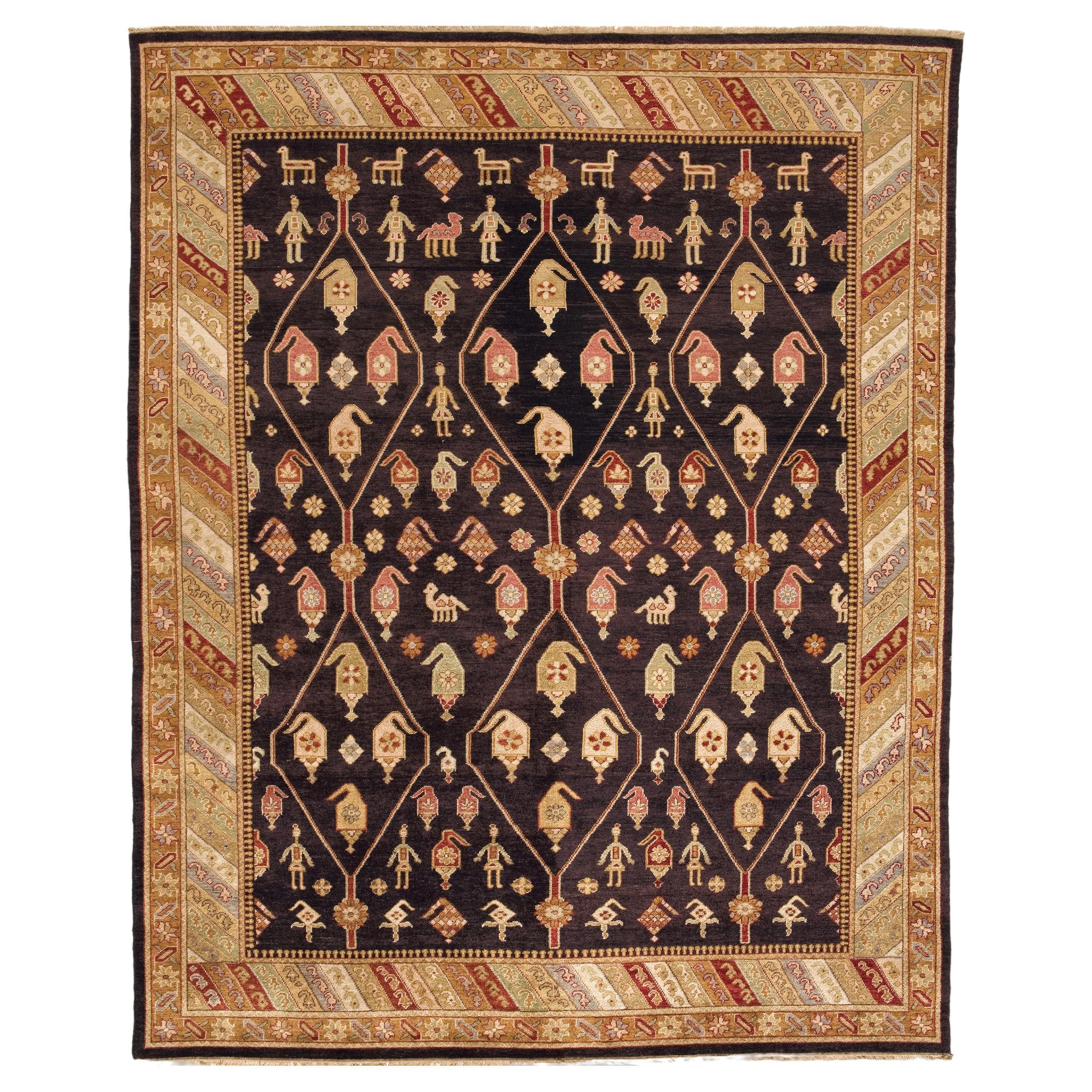 Lujosa Alfombra Tradicional Anudada a Mano Kuba Marrón/Dorado 16x28
