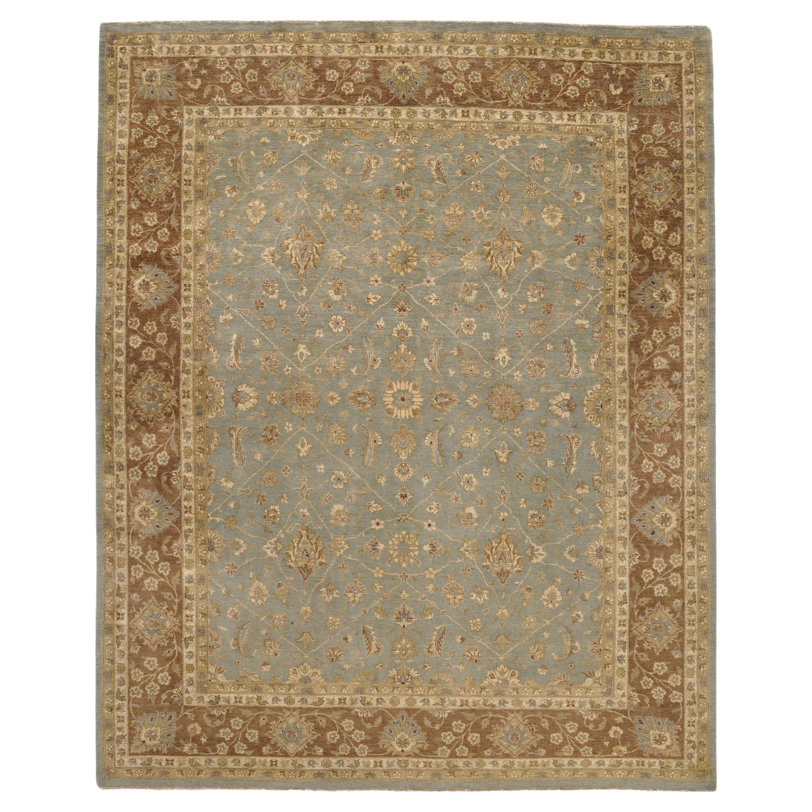 Luxury Traditional Hand-Knotted Polonaise Light Blue and Brown 12x18 Rug
