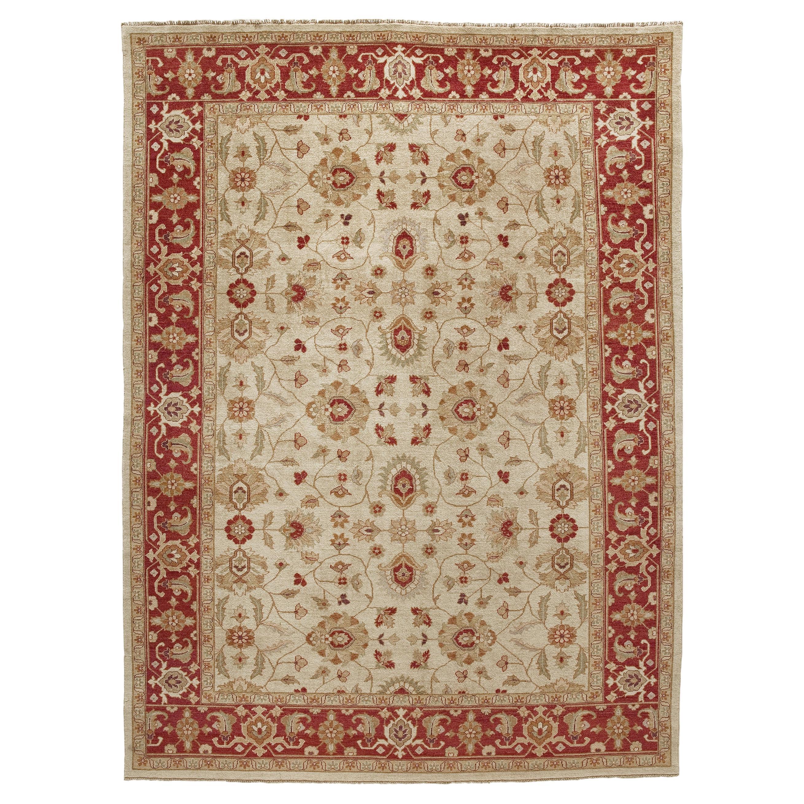 Luxury Traditional Hand-Knotted Lilihan Cream and Red 11x18 Rug For Sale