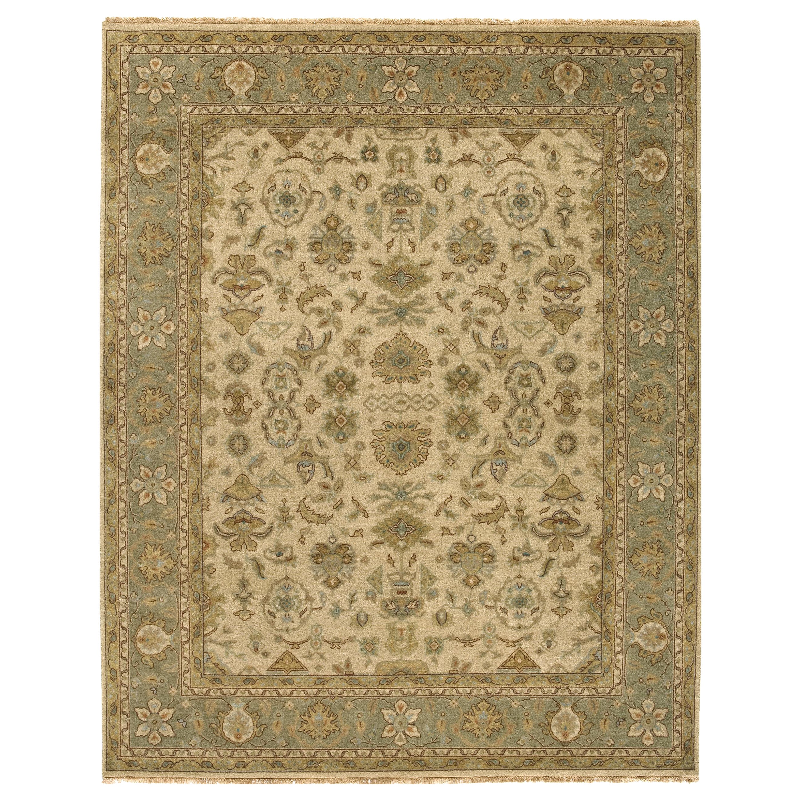Tapis Mahal de luxe traditionnel noué à la main beige et vert clair 12x22 en vente