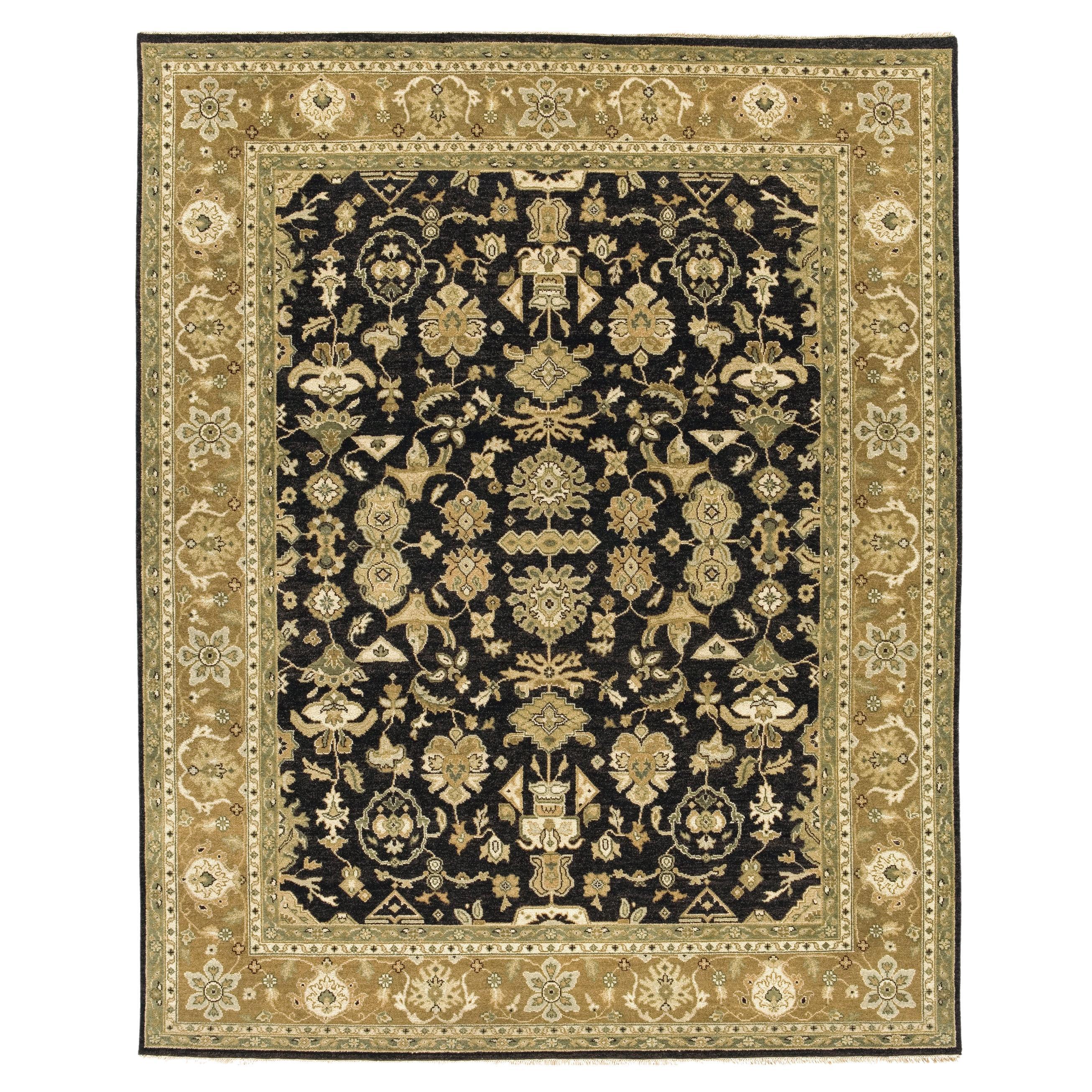 Mahal Tradicional de Lujo Anudado a Mano  Alfombra 11x19 Negro y Oro Oscuro en venta