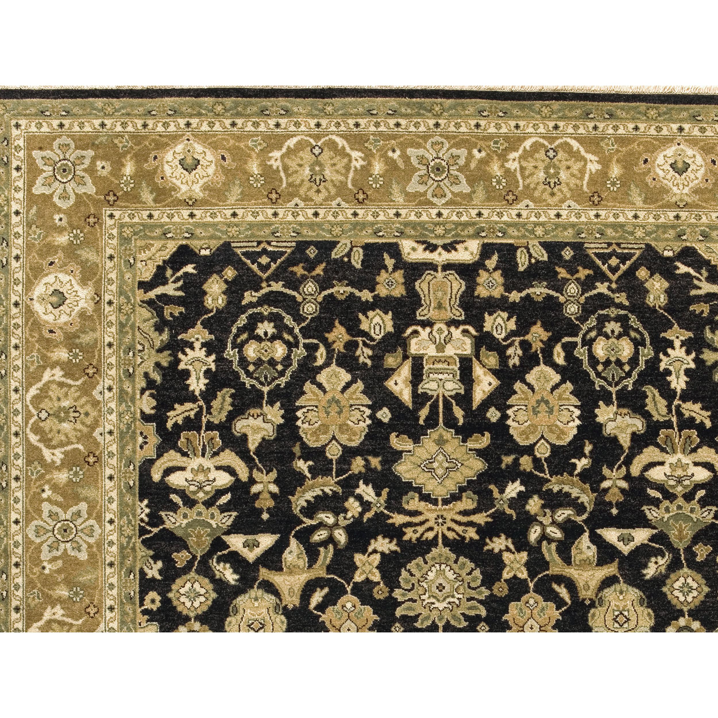 Indian Luxury Traditional Hand-Knotted Mahal  Black & Dark Gold 12x22 Rug For Sale
