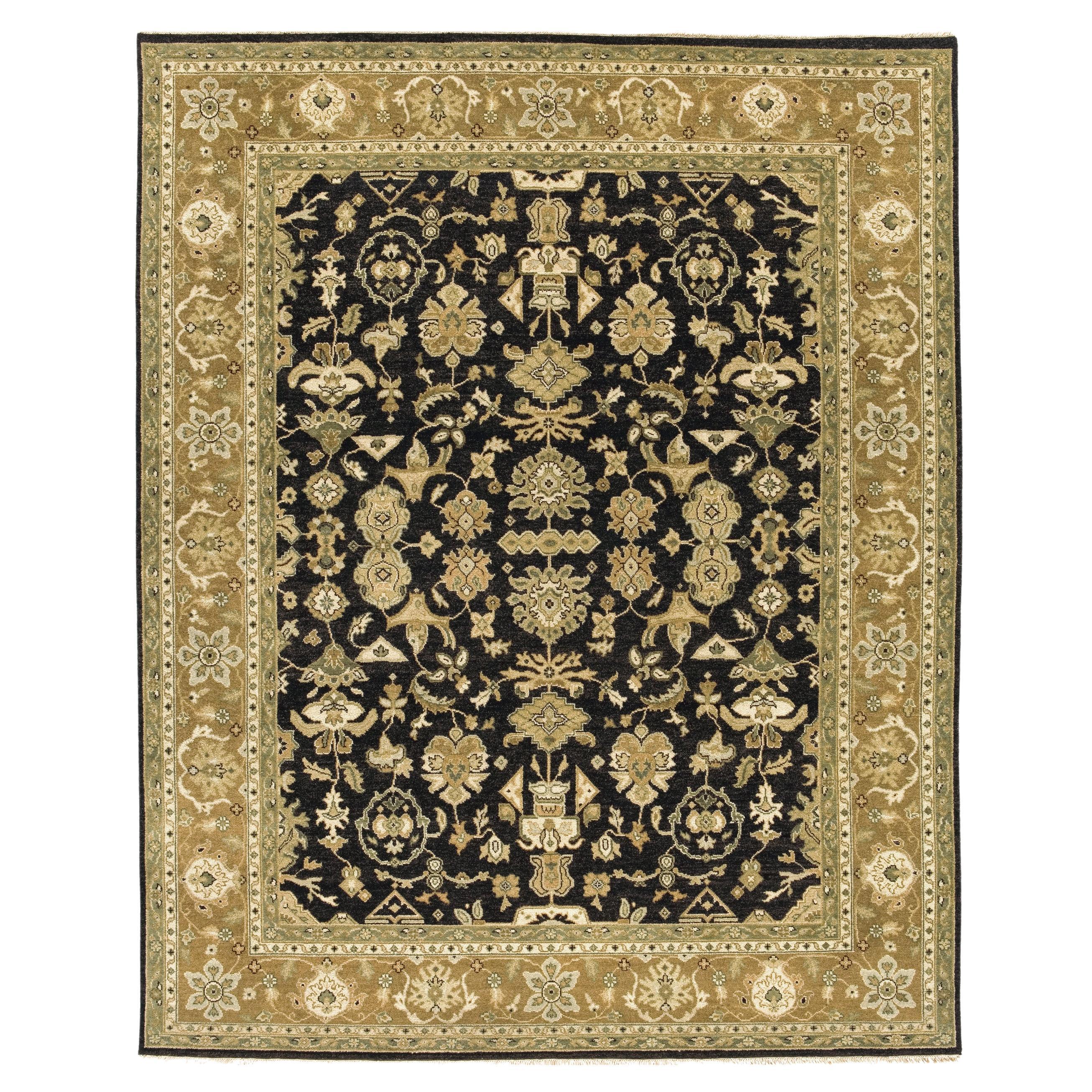 Luxury Traditional Hand-Knotted Mahal  Black & Dark Gold 12x22 Rug For Sale