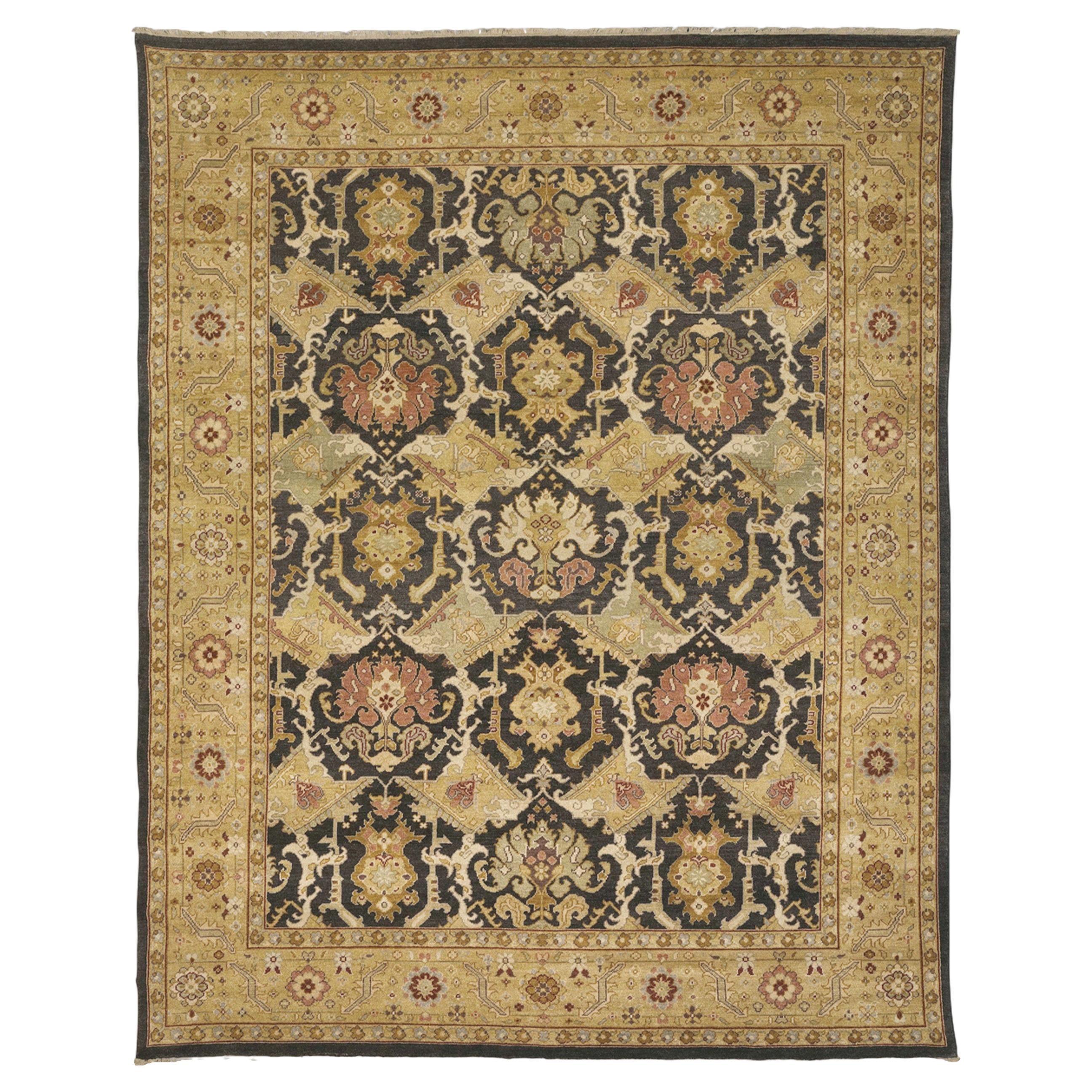 Luxury Traditional Hand-Knotted Mahal Brown and Gold 12x24 Rug For Sale