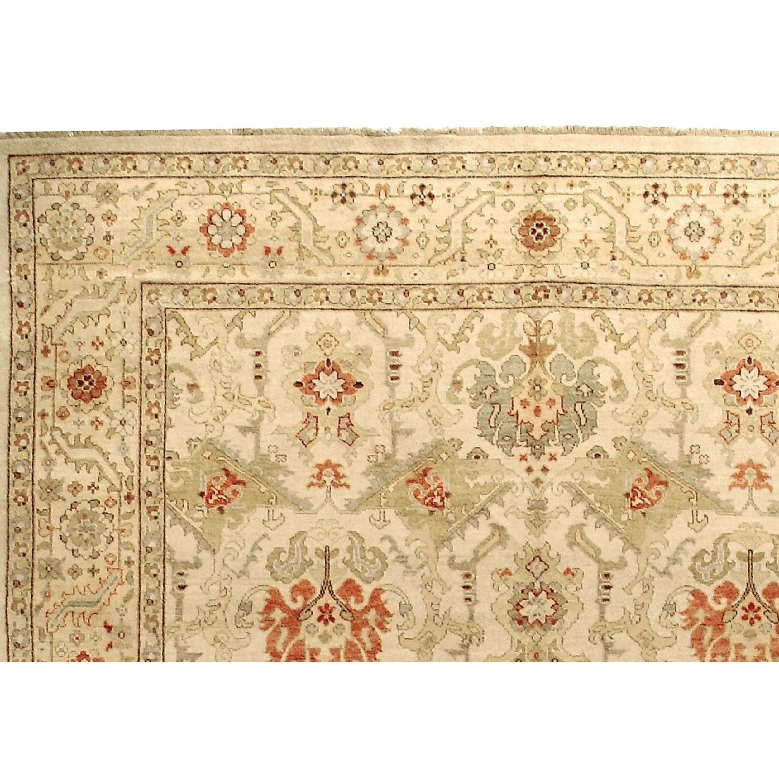 A luxurious traditional hand-knotted rug, which has been meticulously crafted, is made from the finest wool. This rug transcends its utilitarian purpose, becoming a work of art that delights the senses and harmonizes perfectly with a variety of home
