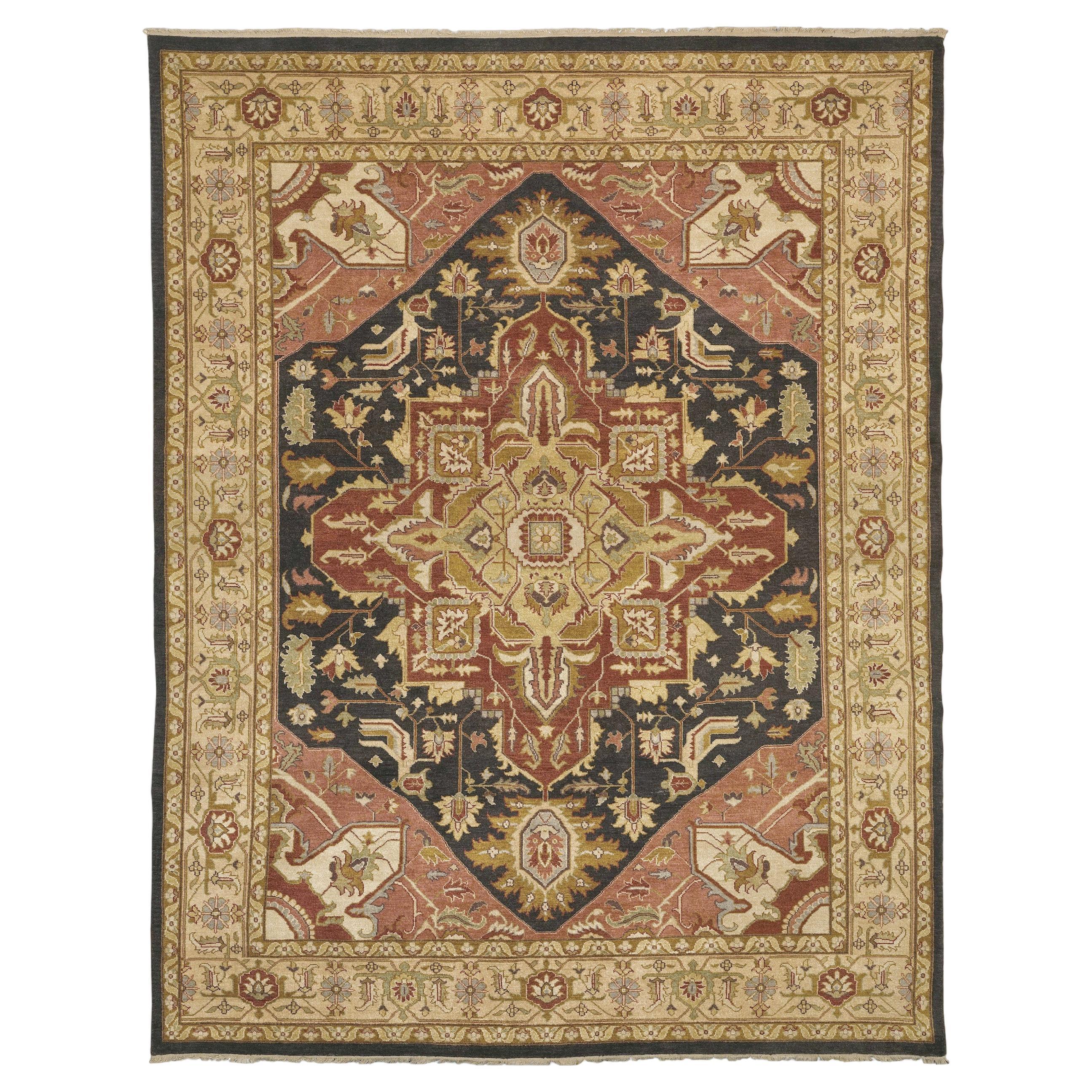Luxury Traditional Hand-Knotted Serapi Brown and Saffron 11x18 Rug For Sale