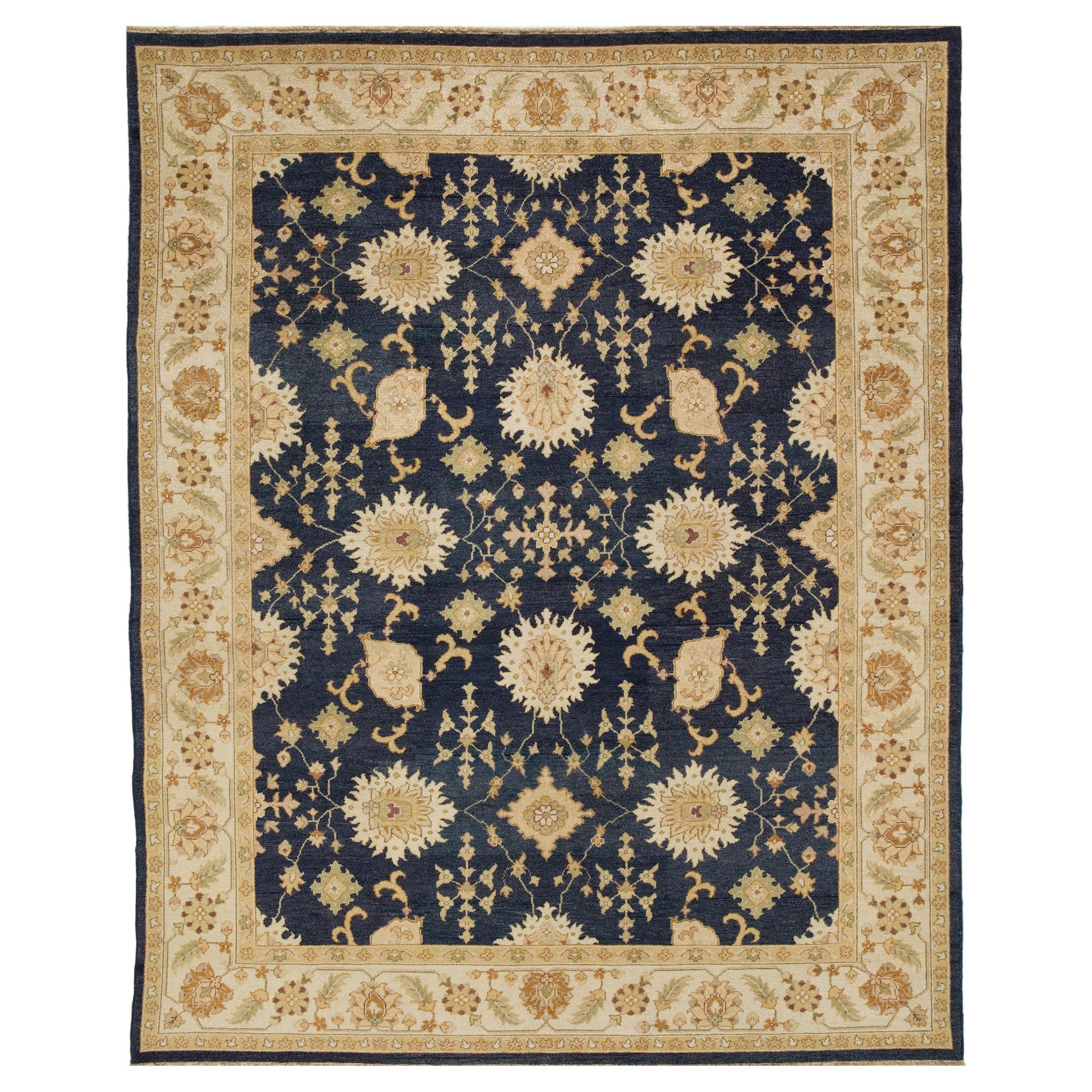Luxury Traditional Hand-Knotted Navy/Ivory 11x18 Rug For Sale