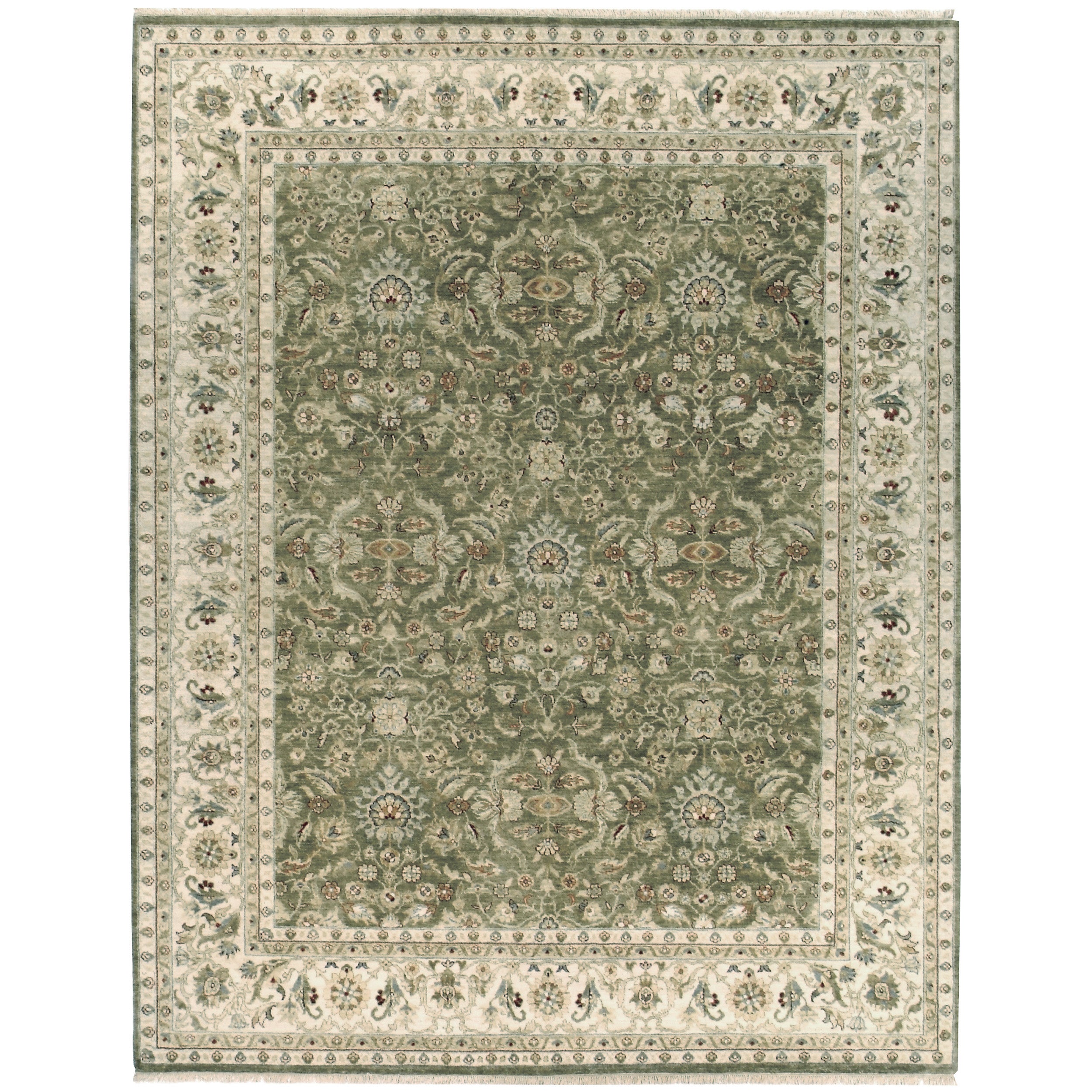Luxury Traditional Hand-Knotted Olive/Ivory 12x24 Rug