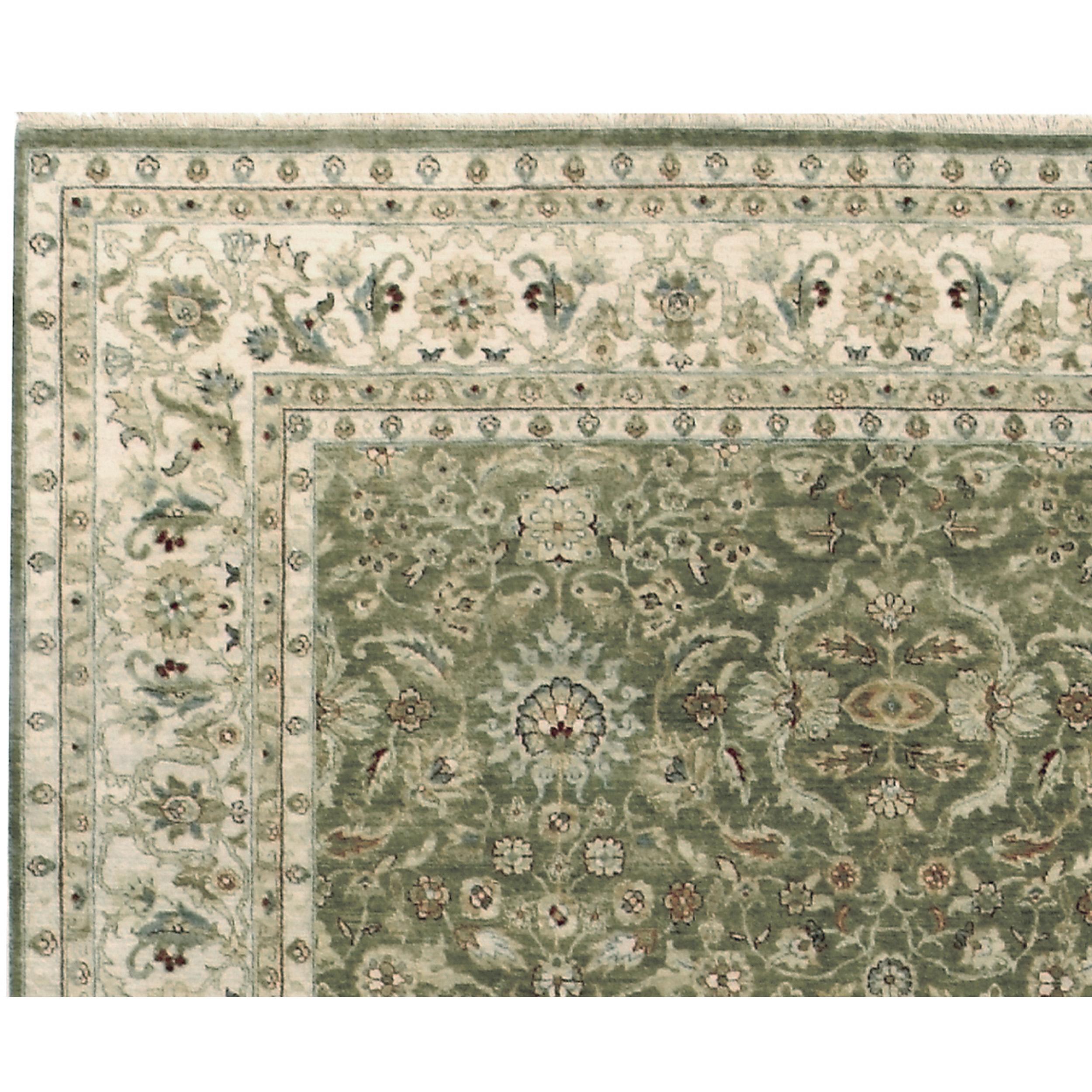 Agra Tapis traditionnel de luxe noué à la main olive/ivoire 14x28 en vente