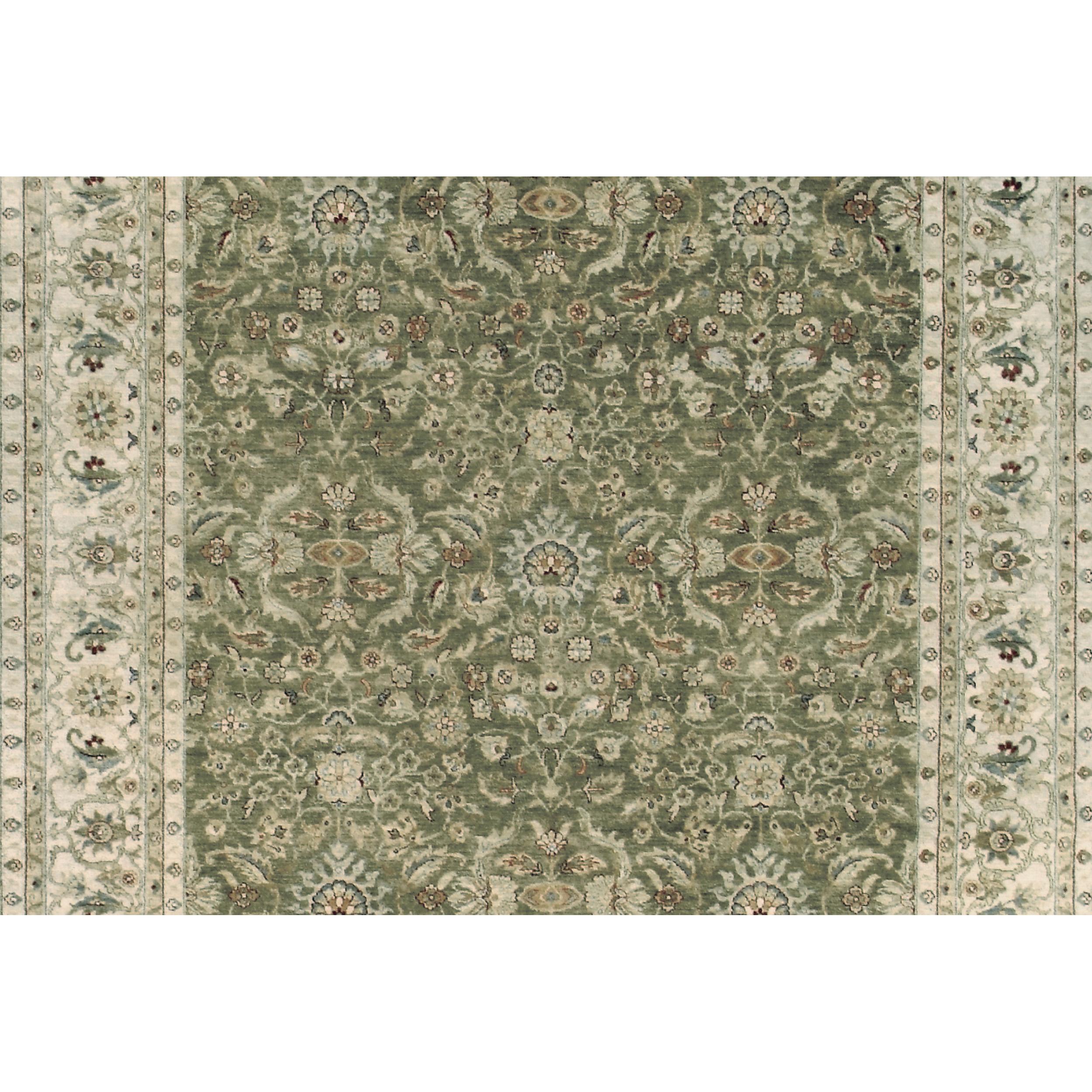 Indien Tapis traditionnel de luxe noué à la main olive/ivoire 14x28 en vente