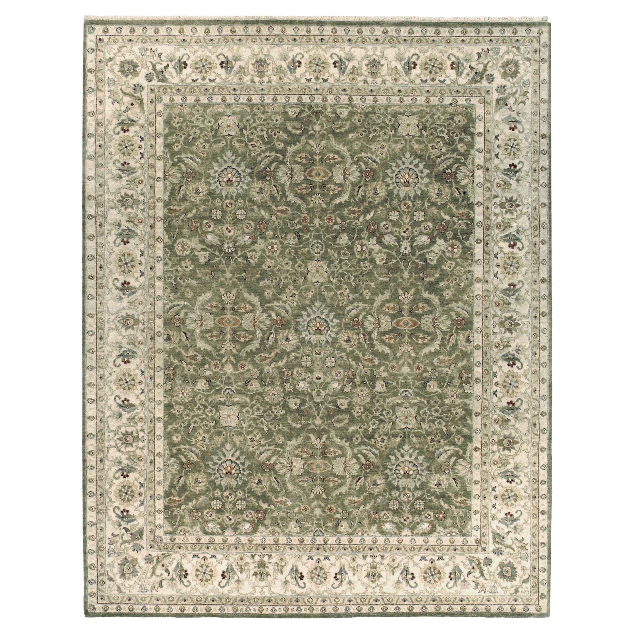 Luxury Traditional Hand-Knotted Olive/Ivory 14x28 Rug For Sale