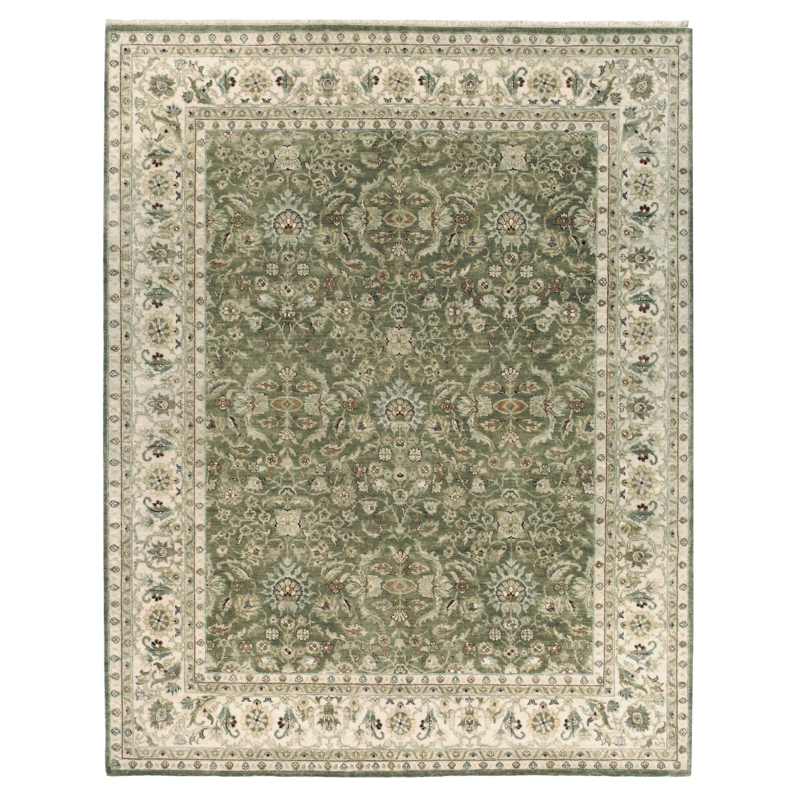 Tapis traditionnel de luxe noué à la main olive/ivoire 14x28 en vente