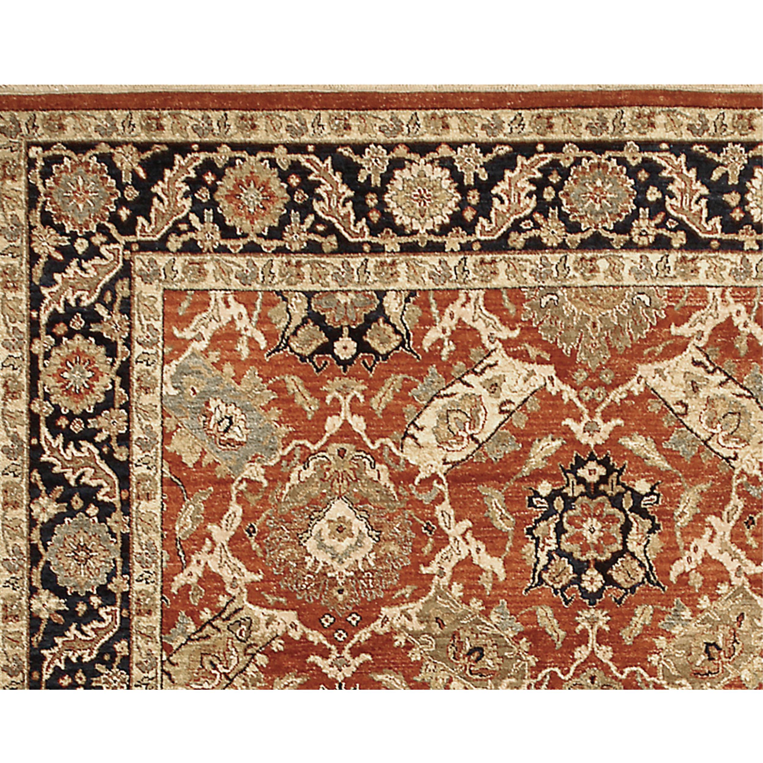 Meticulosamente elaborada, esta alfombra emplea las más intrincadas técnicas tradicionales de tejido de la India, guiadas por la pericia de hábiles artesanos. Cada alfombra es una labor de amor, en la que los tejedores a mano dedican incontables