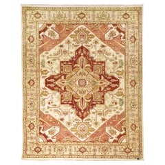 Luxury Traditional Hand-Knotted Serapi Cream and Light Gold 14x26 Rug