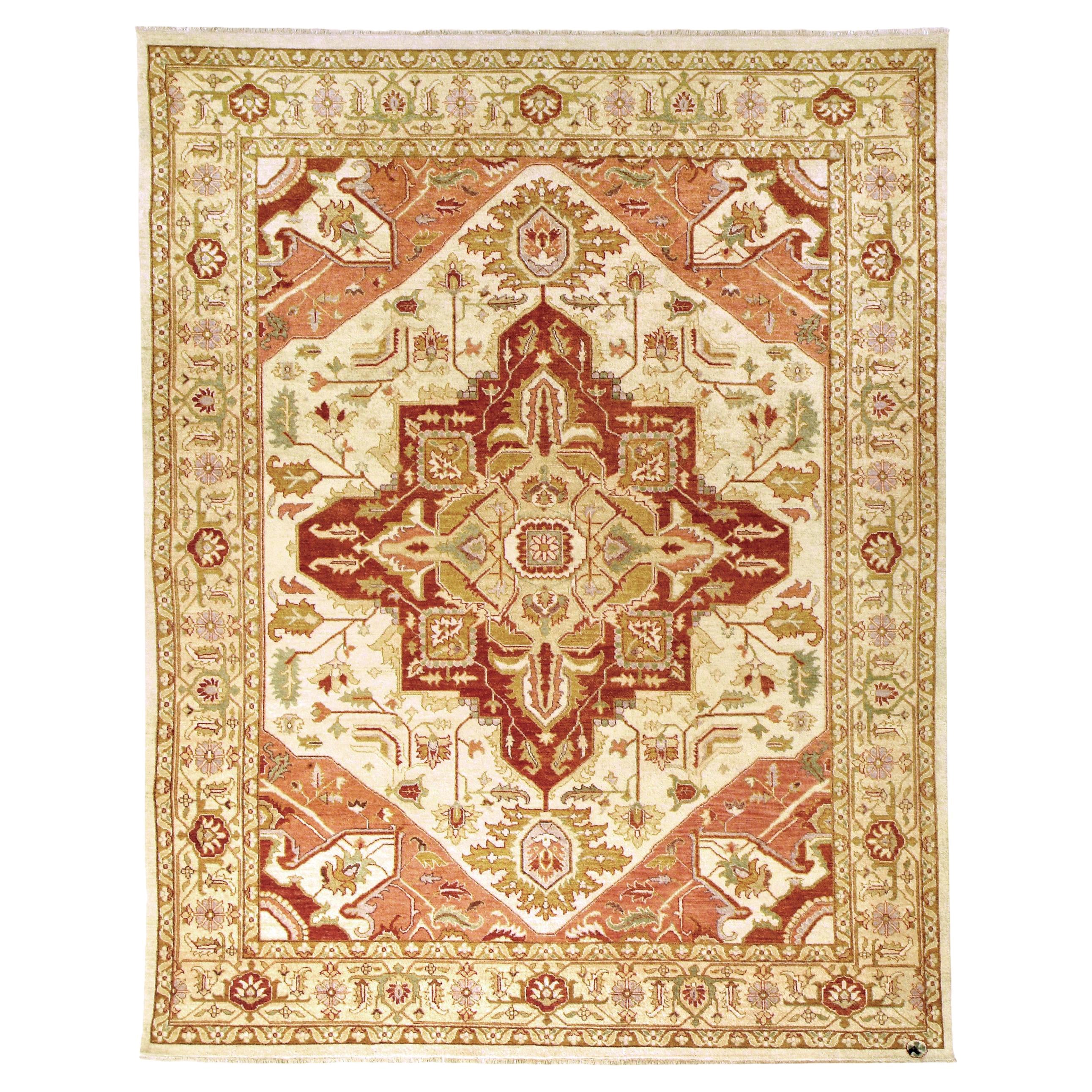 Tappeto tradizionale di lusso Serapi annodato a mano color crema e oro chiaro 16x28