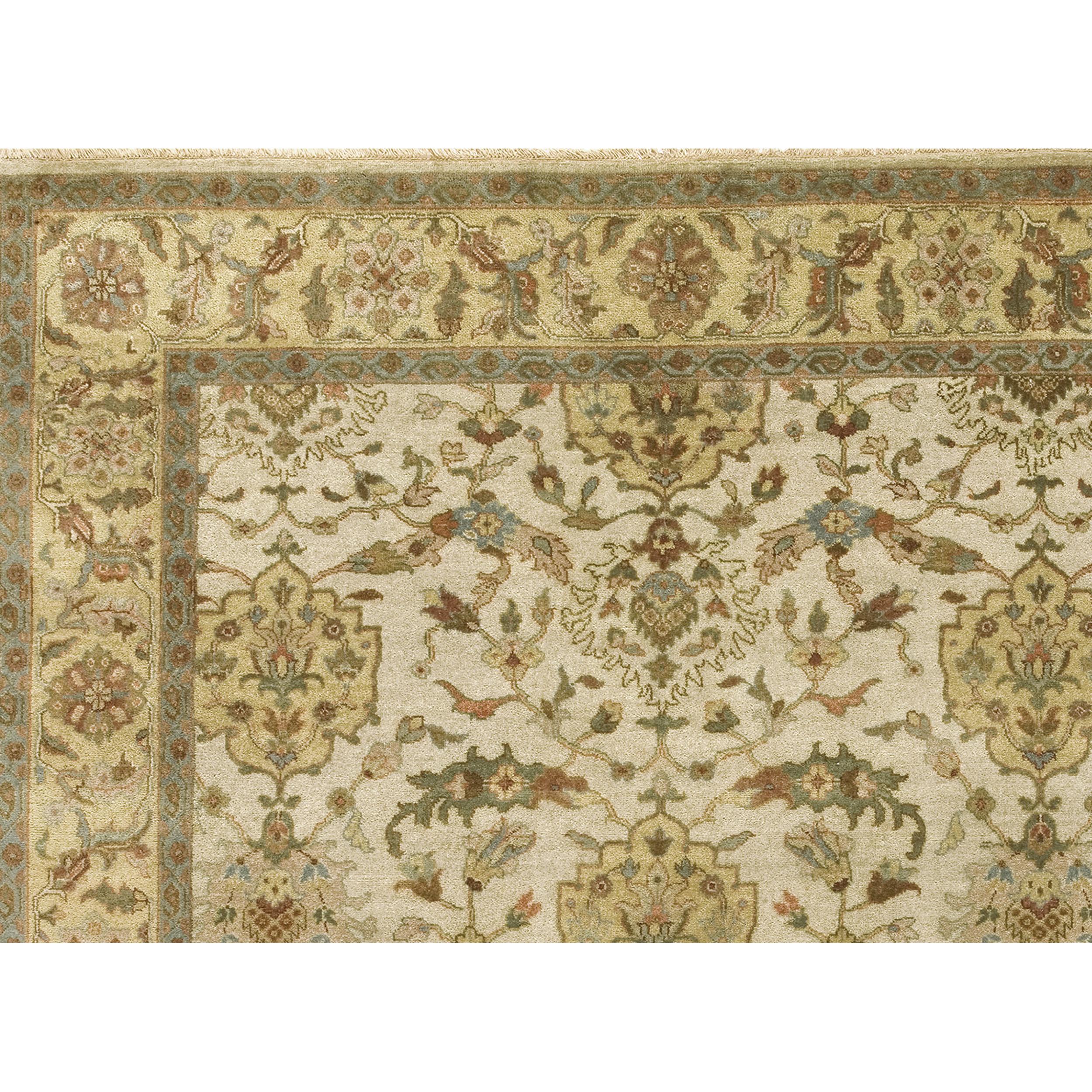 Meticulously crafted, this rug employs the most intricate traditional weaving techniques in India, guided by the expertise of skilled artisans. Crafted from the finest, most exquisite wools, renowned for their exceptional quality and softness. The