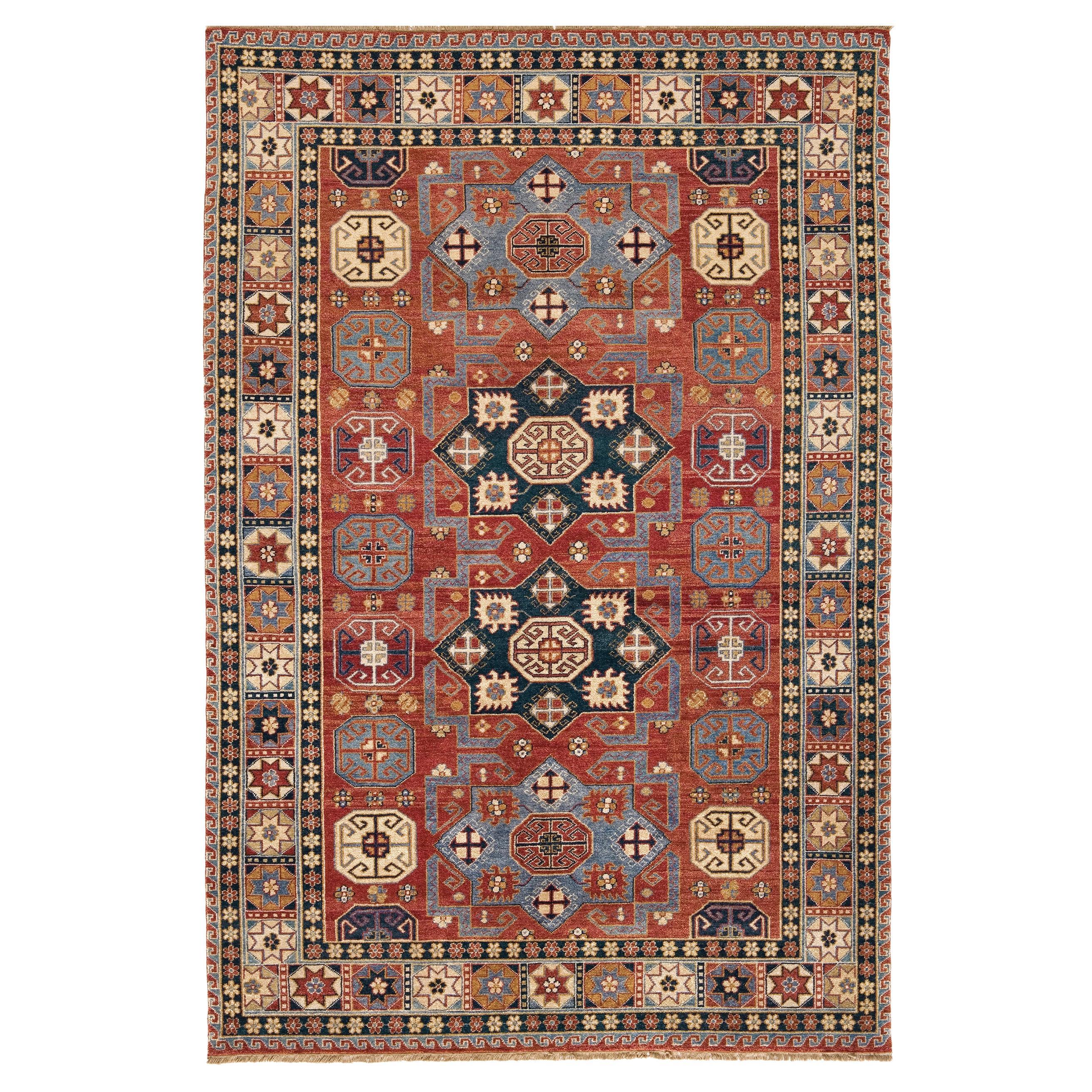 Luxuriöser traditioneller handgeknüpfter Schirwan-Teppich in Rot und Marine 16x28 im Angebot