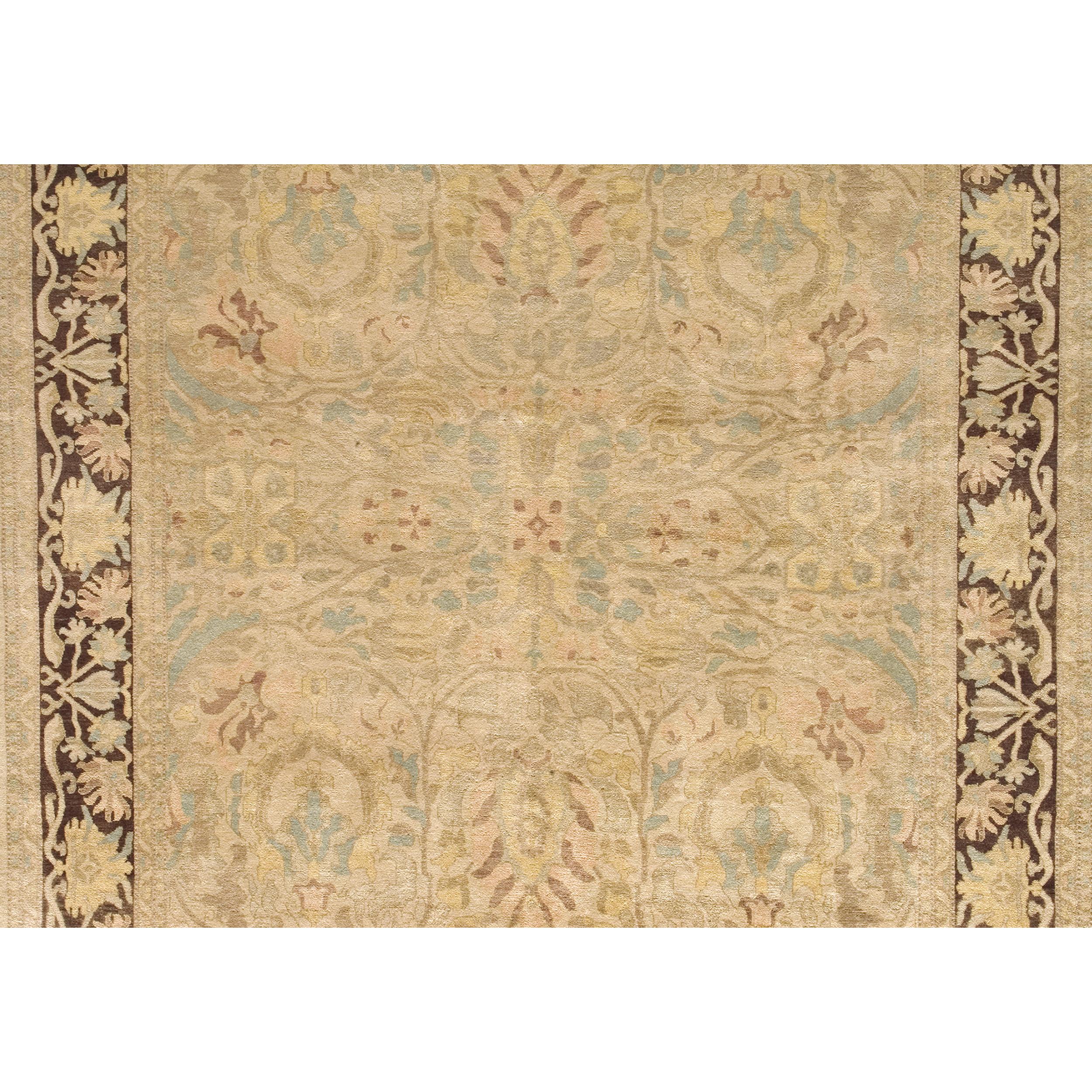 Pakistani Luxury Traditional Hand-Knotted Sultanabad Ivory and Walnut 12x15 Rug For Sale