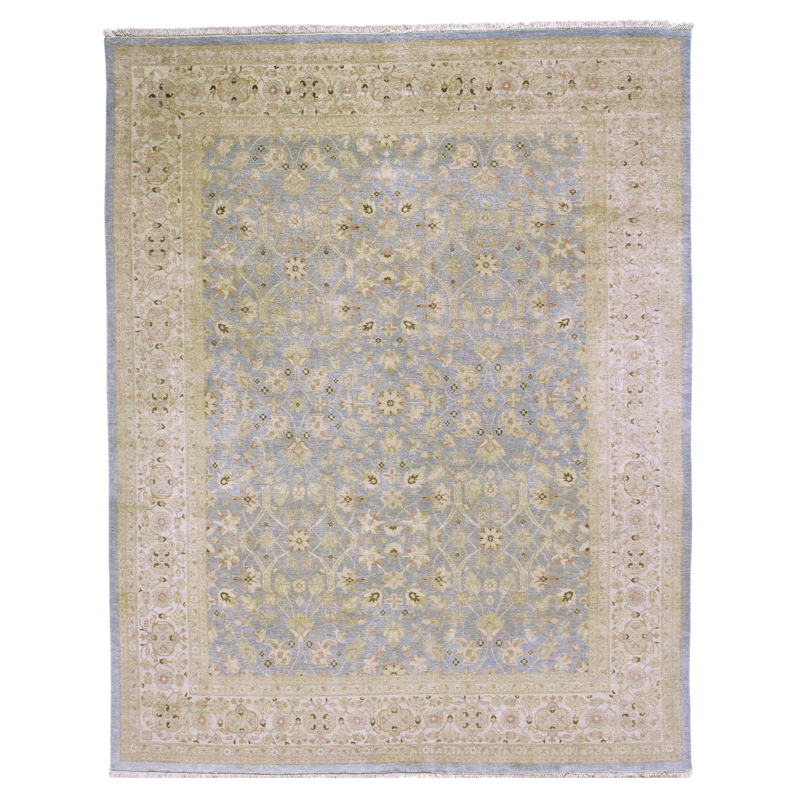 Luxury Traditional Hand-Knotted Tabriz Light Blue and Ivory 10X14 Rug For Sale