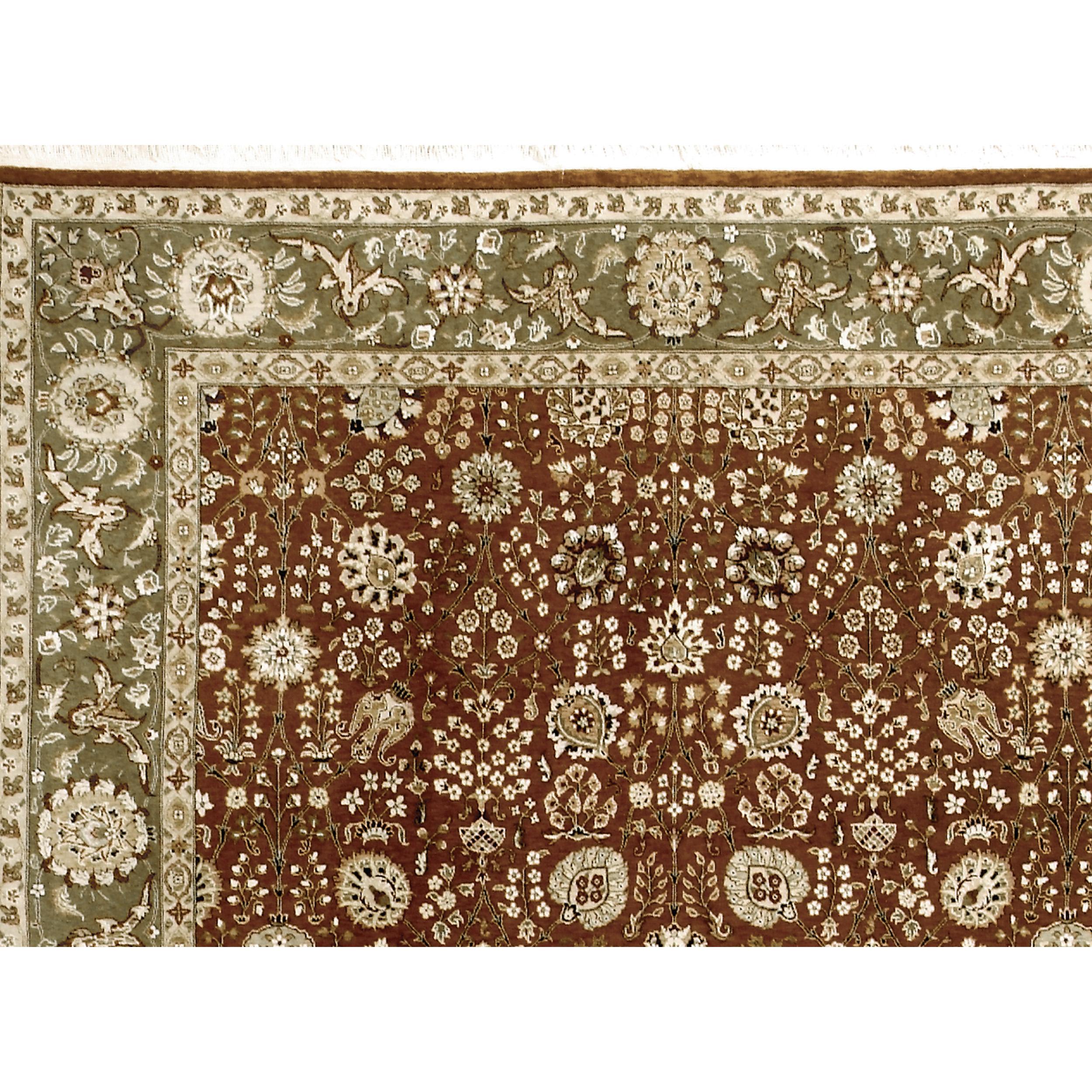 This rug deisgn is based on antique Persian rug designs, but using a contemporary color palette. The main characteristic of this rug is the noticeable abrash (color change), a new technique of weaving between two color hues, imparts an antique look.