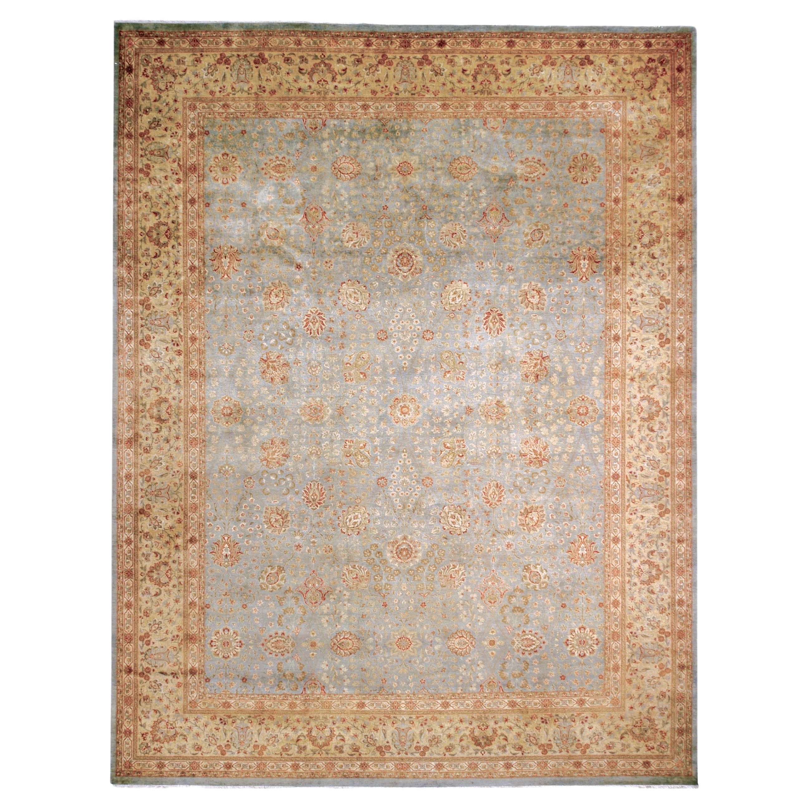 Luxury Traditional Hand-Knotted Tabriz Soft Blue and Gold 12X18 Rug For Sale