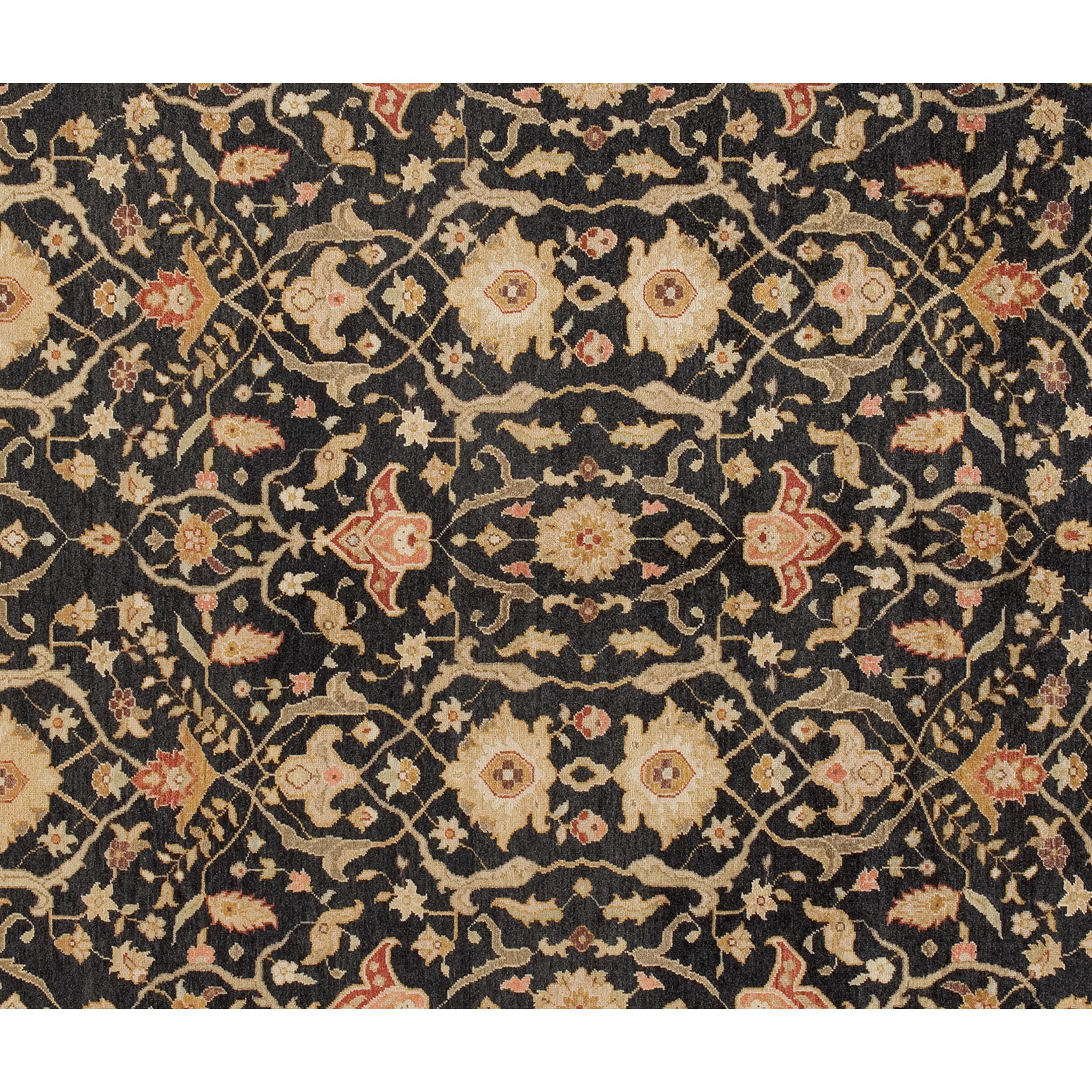 Tabriz Luxury Traditional Hand-Knotted Tehran Black and Dark Gold 11x18 Rug For Sale