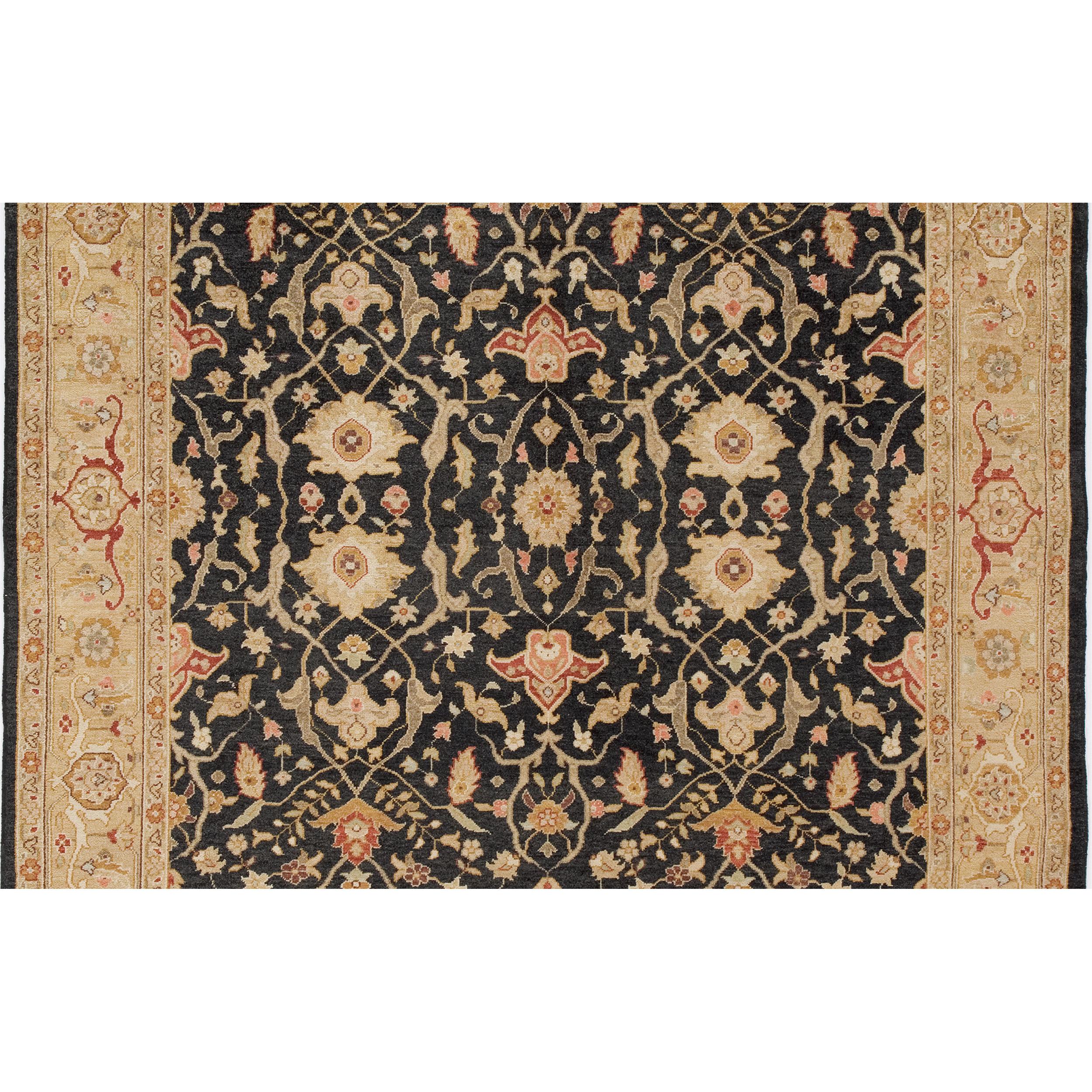 Chinese Luxury Traditional Hand-Knotted Tehran Black and Dark Gold 11x18 Rug For Sale