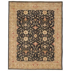 Luxury Traditional Hand-Knotted Tehran Black and Dark Gold 11x18 Rug