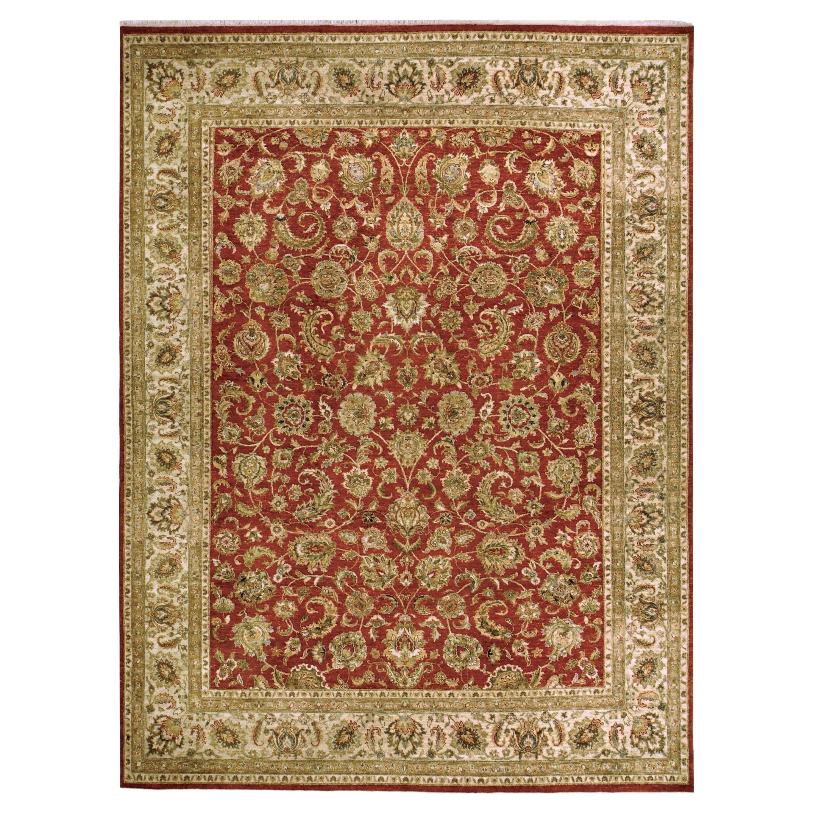 Luxury Traditional Hand-Knotted Tomato/Cream 12x24 Rug For Sale