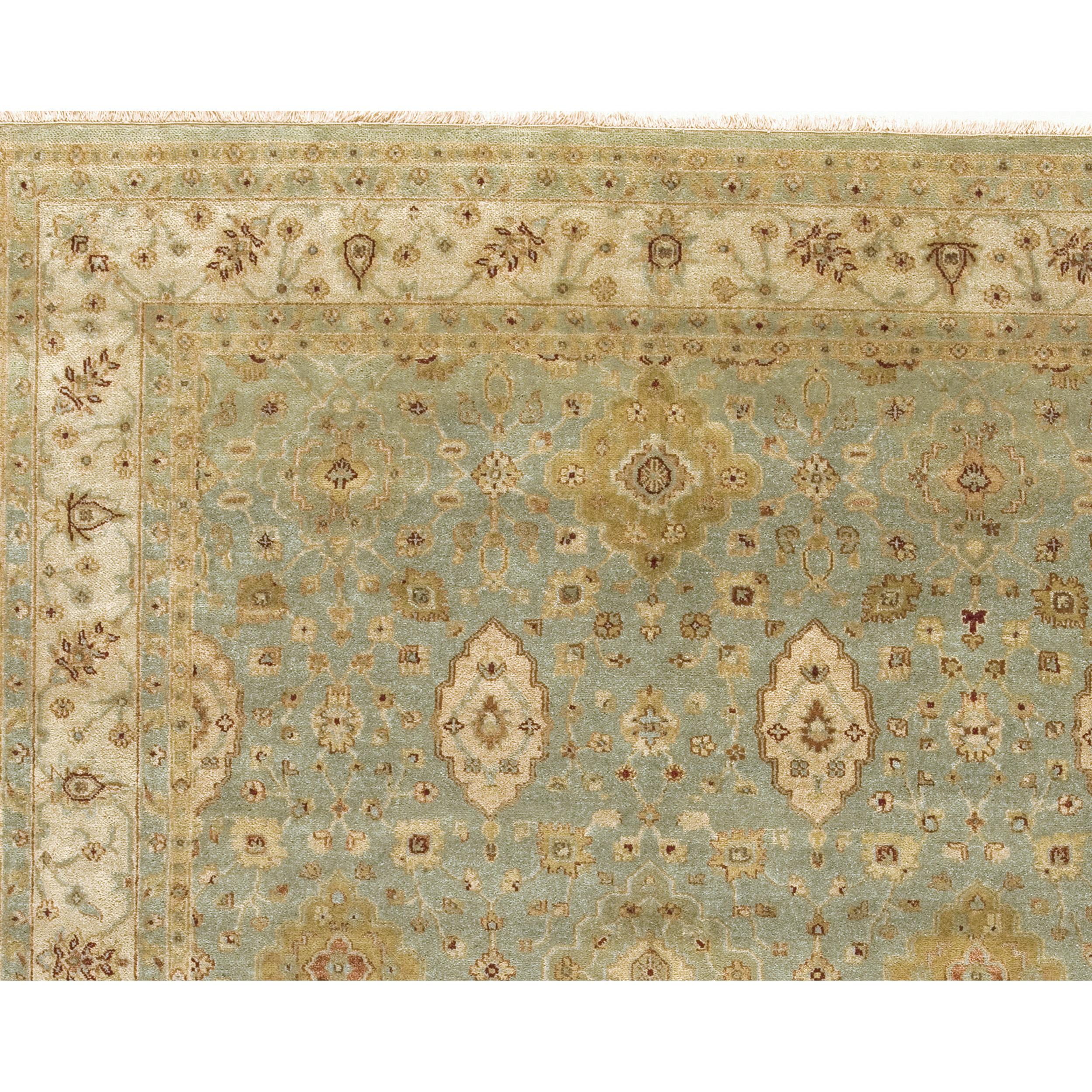 Meticulously crafted, this rug employs the most intricate traditional weaving techniques in India, guided by the expertise of skilled artisans. Crafted from the finest, most exquisite wools, renowned for their exceptional quality and softness. The