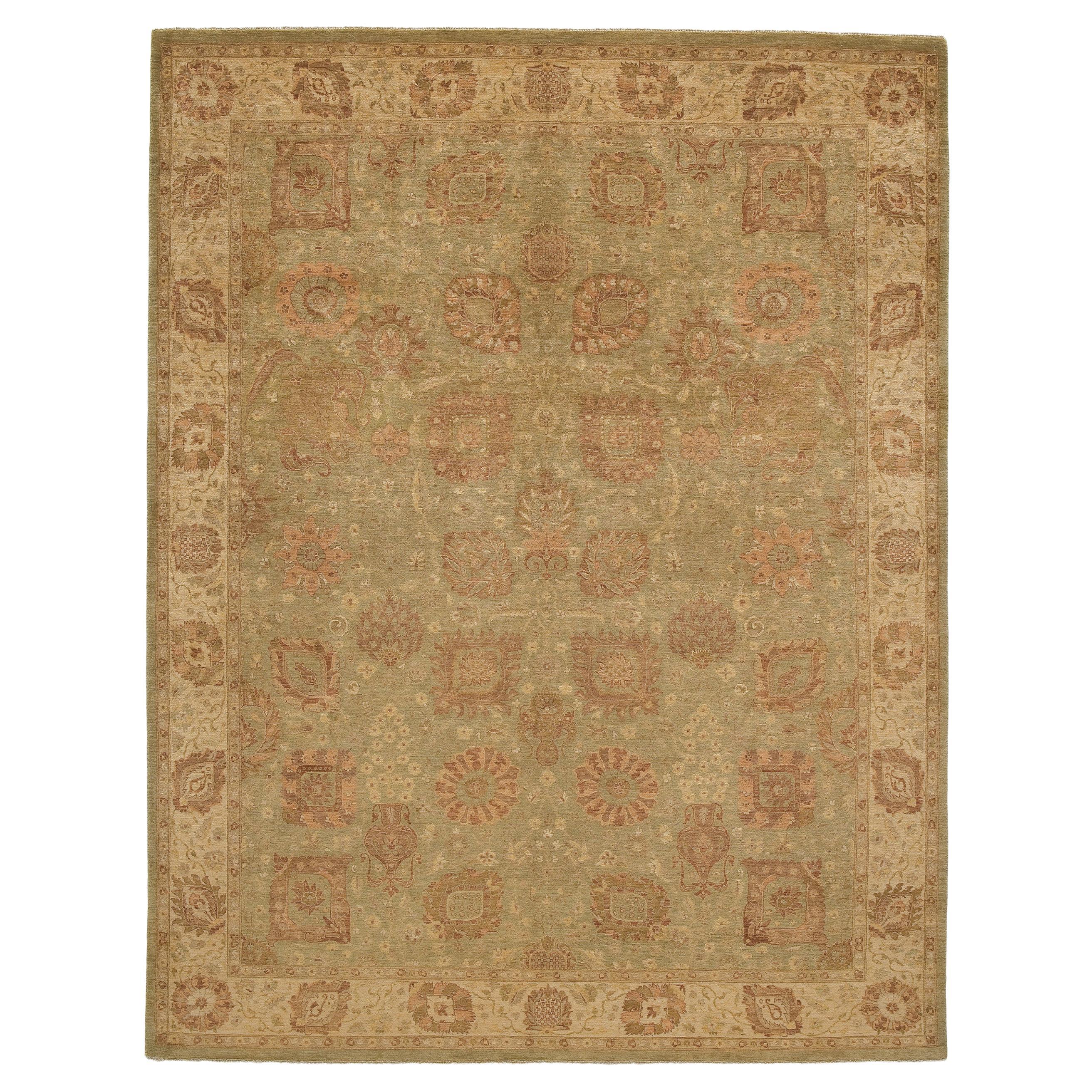 Luxury Traditional Hand-Knotted Vase Pistachio and Ivory 10x14 Rug For Sale